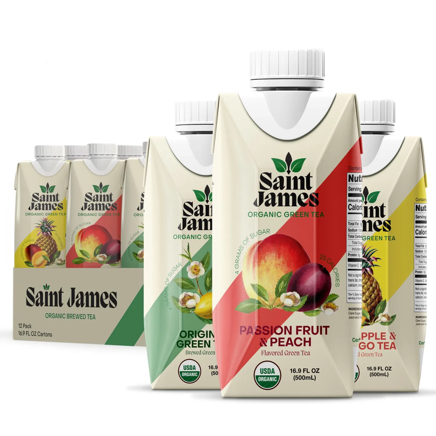 Saint James Iced Tea - Organic Green Tea - Non GMO, Gluten Free, Low Calorie & Low Sugar - Variety Green Tea Flavors, 12 Pack (16.9 fl oz each)