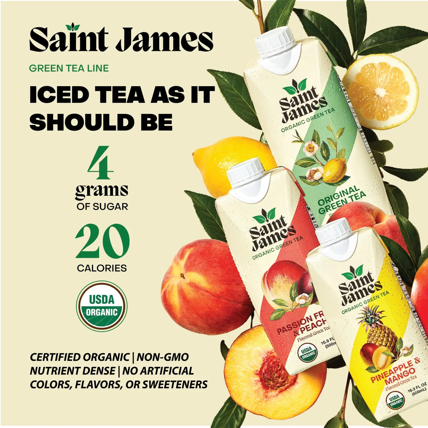 Saint James Iced Tea - Organic Green Tea - Non GMO, Gluten Free, Low Calorie & Low Sugar - Variety Green Tea Flavors, 12 Pack (16.9 fl oz each)