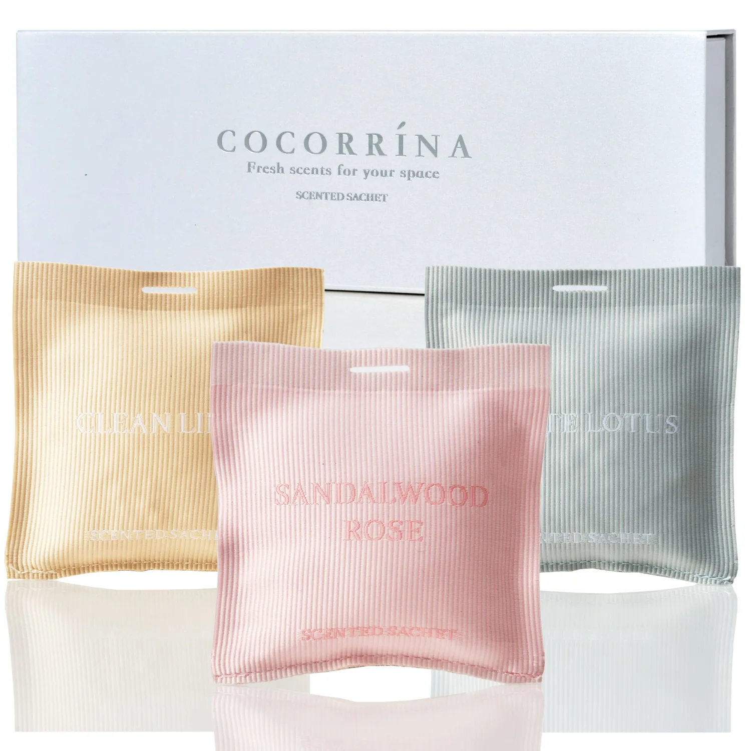 COCORRÍNA Scented Sachet - Set of 3 Sandalwood Rose/Clean Linen/White Lotus - Scented Sachet Bags, Car Air Freshener Scented Gift Sets for Car Drawer