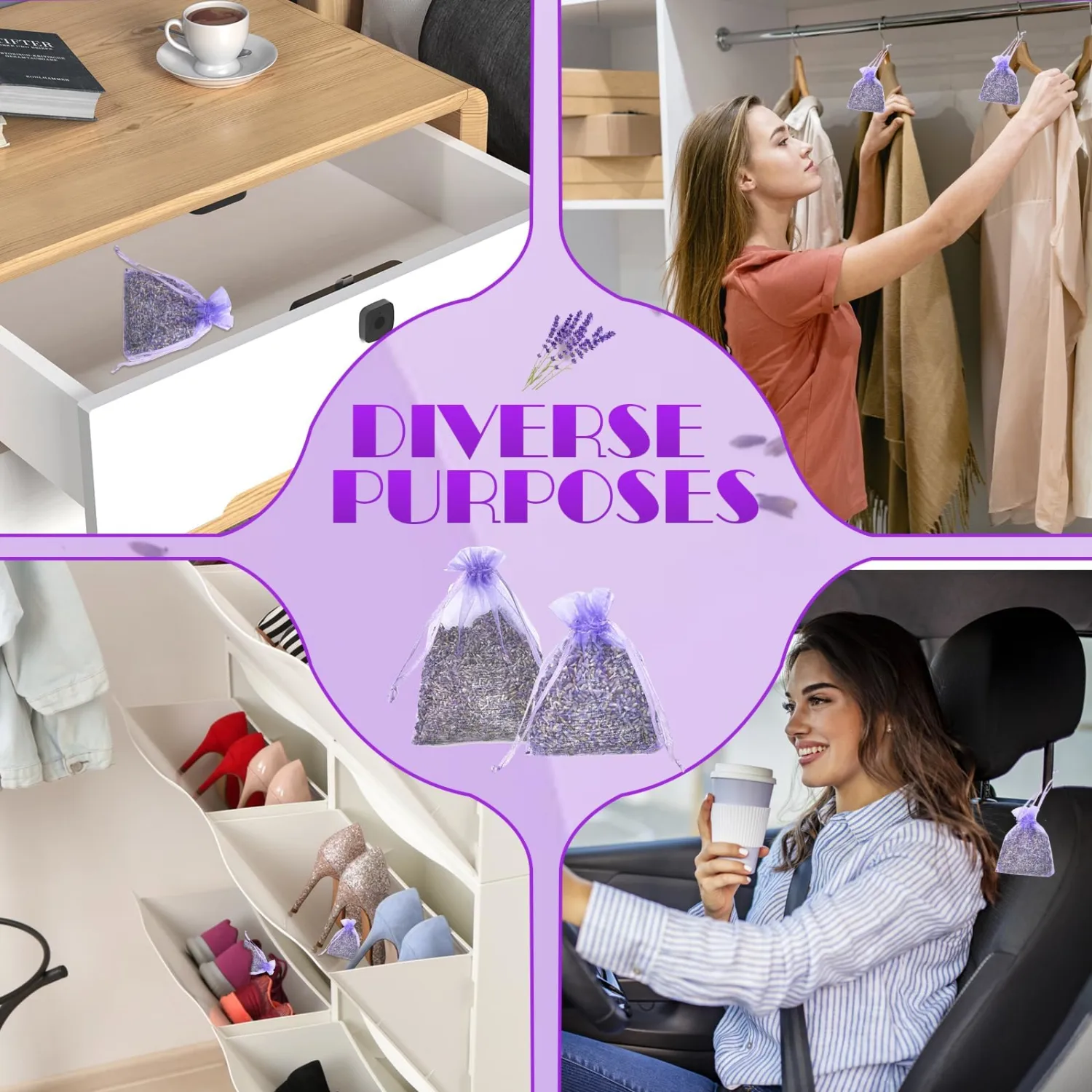 Dried Lavender Sachets for Drawers and Closets, Long-Lasting Air Freshener Bags (24 Bags), Home Fragrance Sachets for Wardrobes,Cars