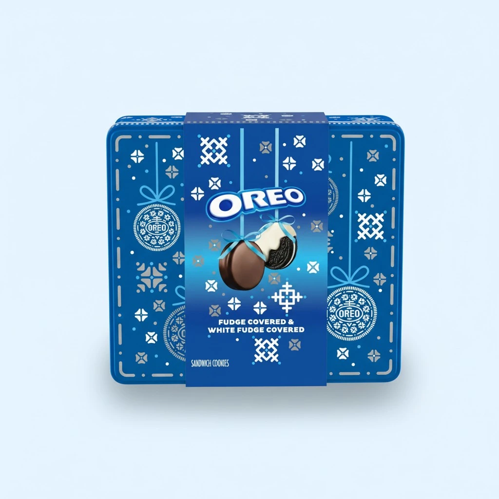 OREO Fudge and White Fudge Covered Chocolate Sandwich Cookies, Holiday Cookies, 1.02 lb Tin