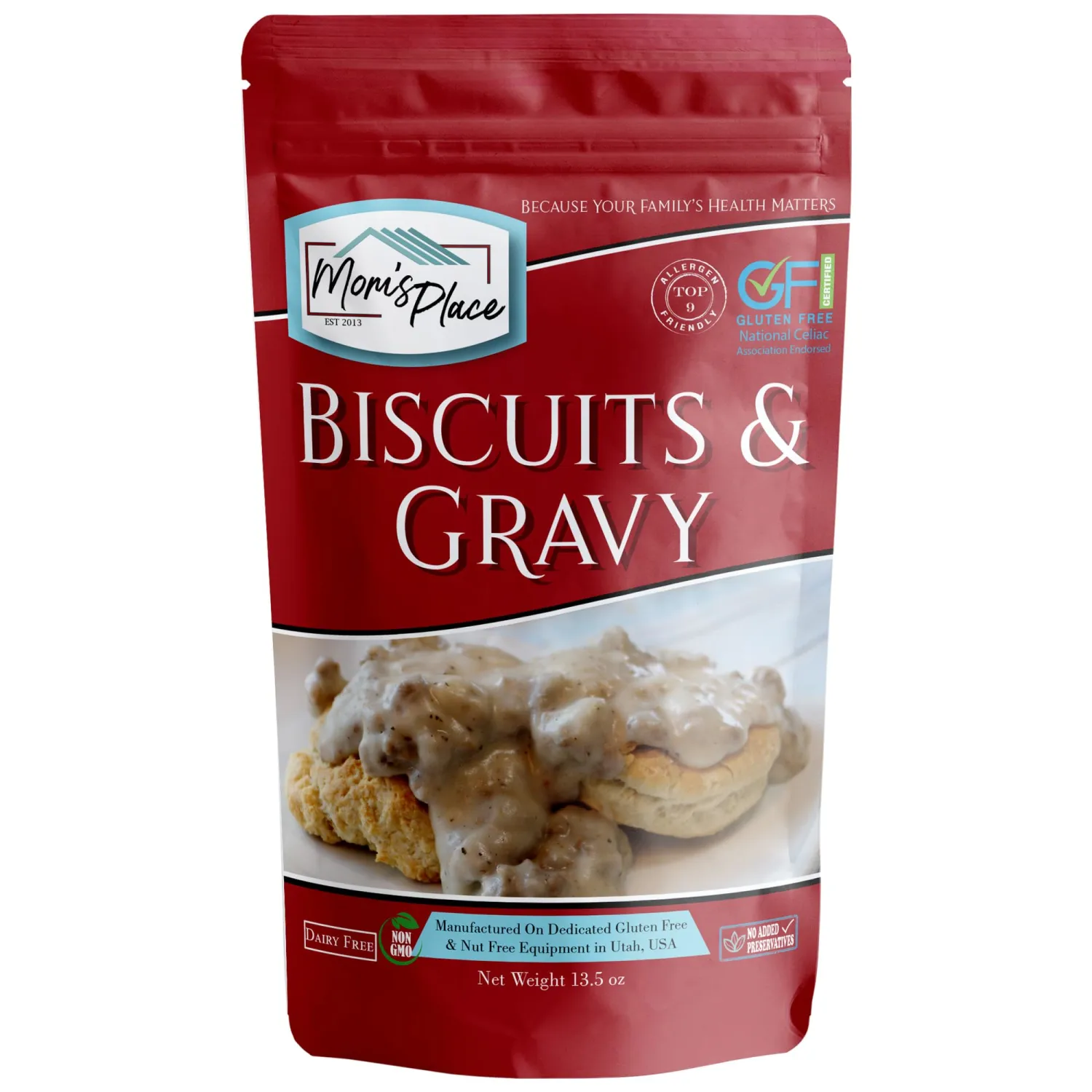 Mom's Place Gluten-Free Biscuit & Country Gravy Mix, Dairy Free, Easy to Make, Makes 8-9 Biscuits,13.5 oz.