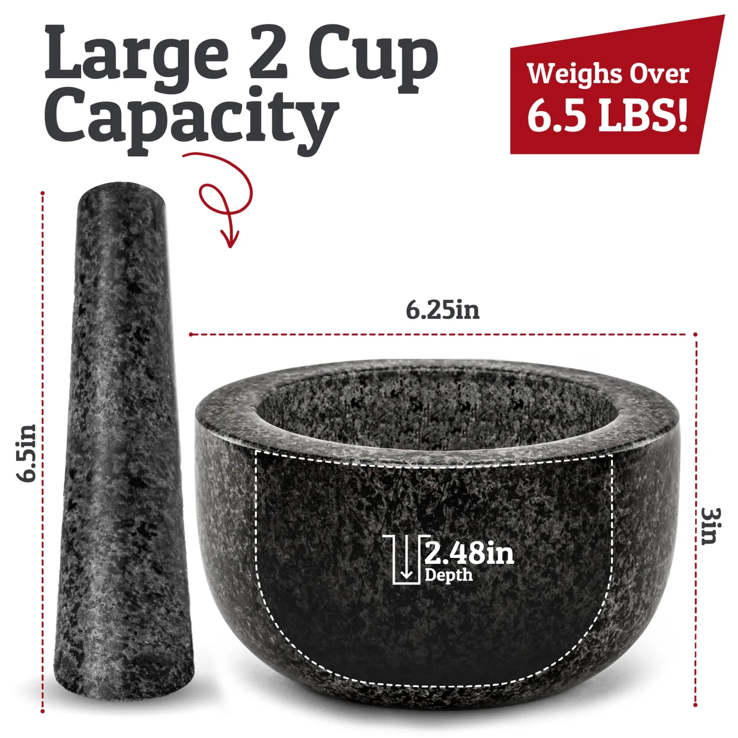 Priority Chef Heavy Duty Large Mortar and Pestle Set,100% Granite, Non Slip Base, Make Fresh Guacamole, Salsa, Pesto, Stone Grinder Bowl, Herb Crusher, Spice Grinder, 2 Cup, 6.3 Inch Size, Black