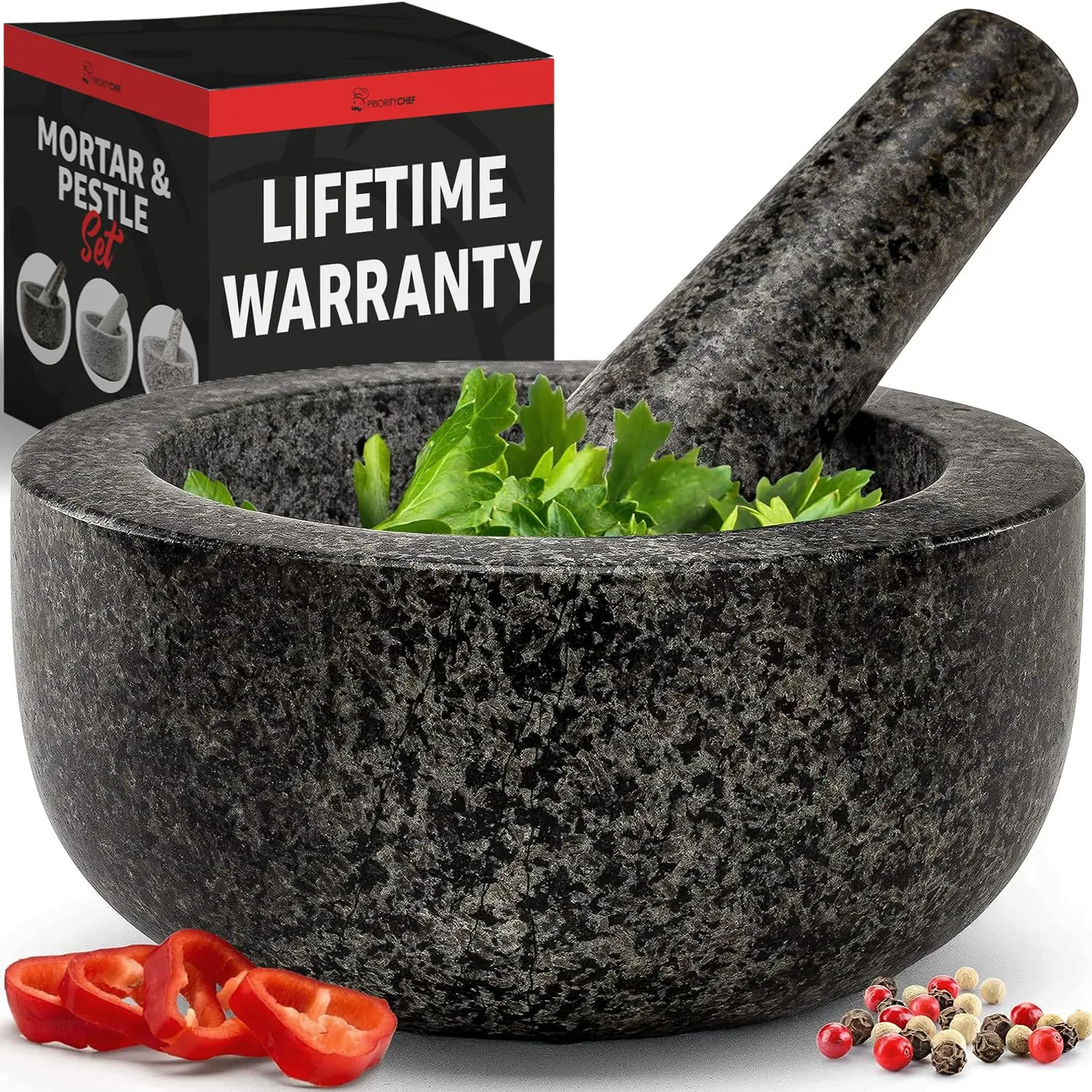Priority Chef Heavy Duty Large Mortar and Pestle Set, 100% Granite, Non Slip Base, Make Fresh Guacamole, Salsa, Pesto, Stone Grinder Bowl, Herb Crusher, Spice Grinder, 1.5 Cup, 5.5 Inch - Black