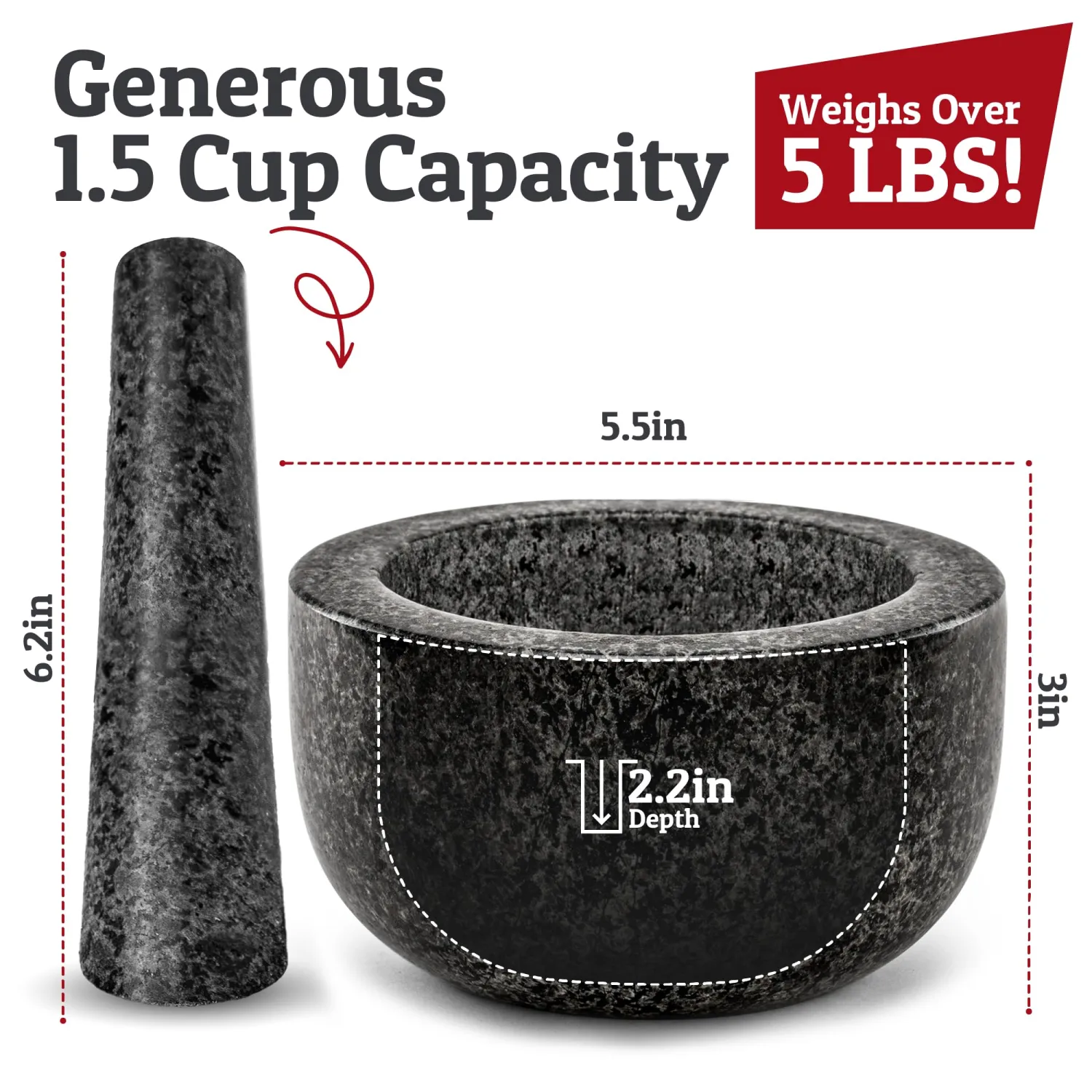 Priority Chef Heavy Duty Large Mortar and Pestle Set, 100% Granite, Non Slip Base, Make Fresh Guacamole, Salsa, Pesto, Stone Grinder Bowl, Herb Crusher, Spice Grinder, 1.5 Cup, 5.5 Inch - Black