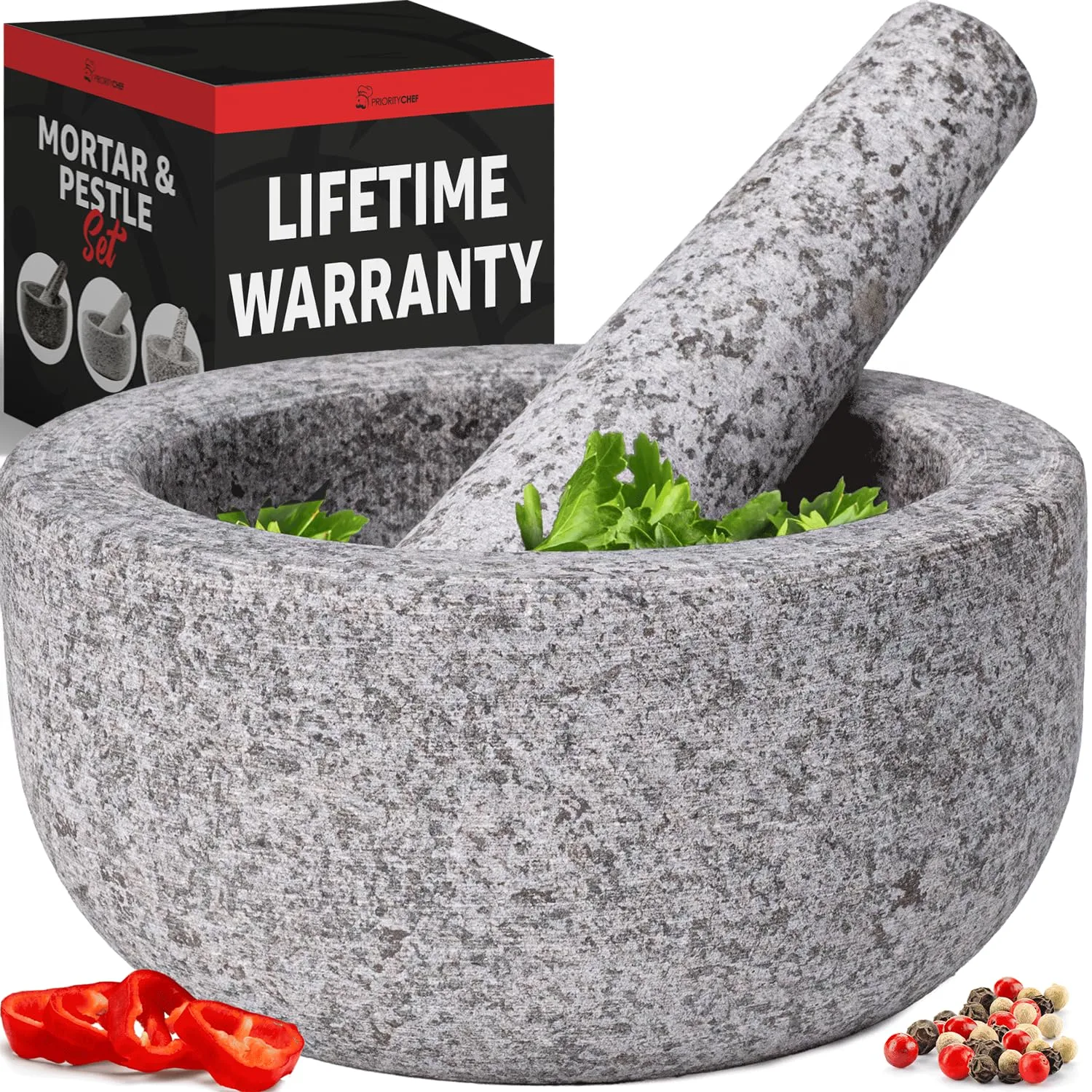 Priority Chef Heavy Duty Small Mortar and Pestle Set, Hand Carved from Natural Granite, Make Fresh Guacamole, Salsa, Stone Grinder Bowl, Herb Crusher, Spice Grinder, 5.5 Inches Wide, 1.5 Cup - Grey