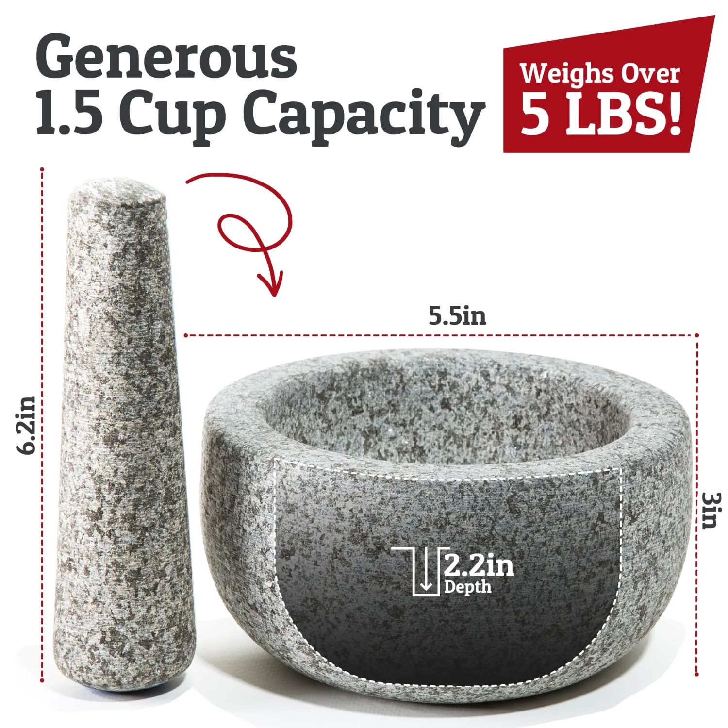 Priority Chef Heavy Duty Small Mortar and Pestle Set, Hand Carved from Natural Granite, Make Fresh Guacamole, Salsa, Stone Grinder Bowl, Herb Crusher, Spice Grinder, 5.5 Inches Wide, 1.5 Cup - Grey