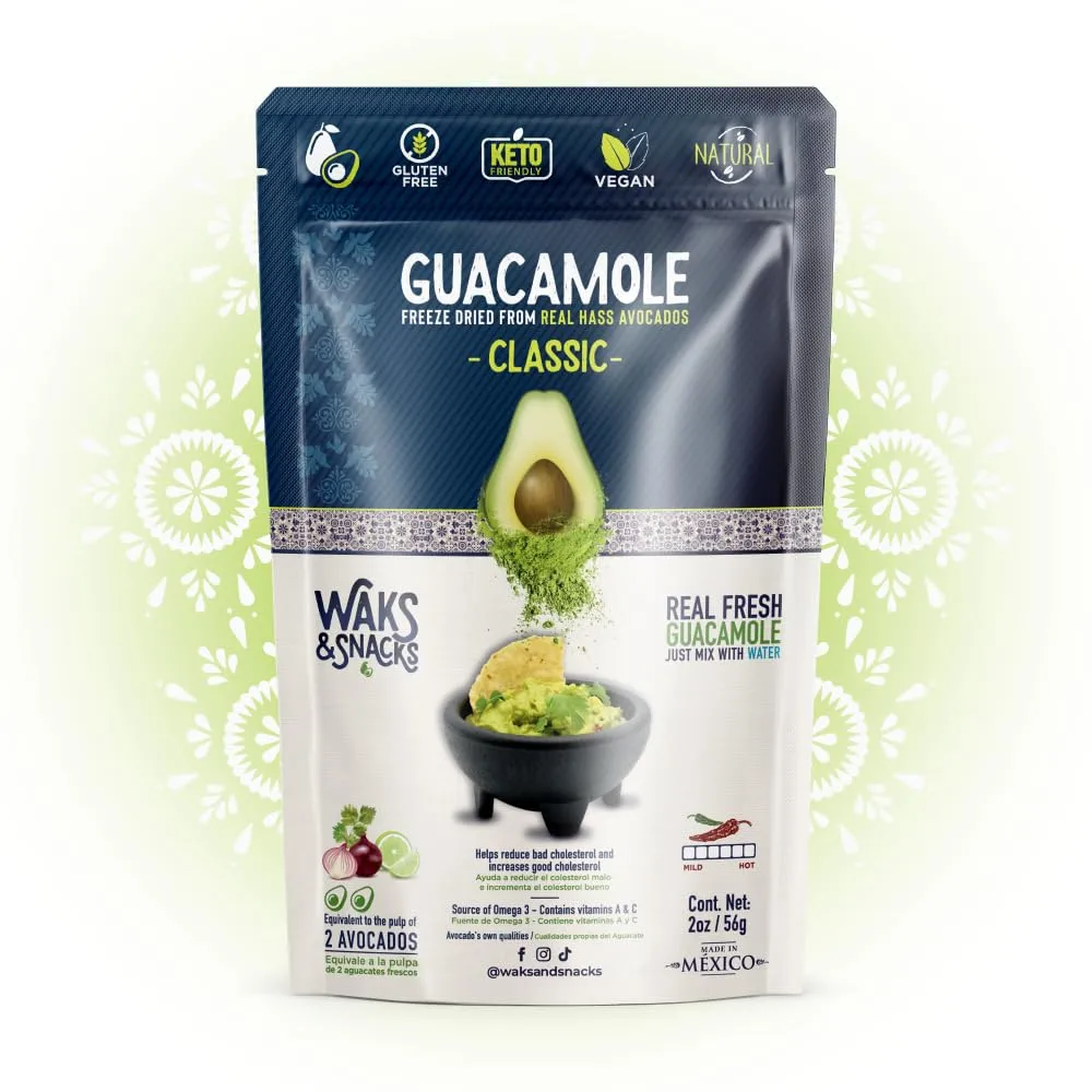WAKS & SNACKS Freeze Dried Guacamole Classic |100% Fresh Hass Avocados, Perfect for Tortilla Chips | Energizes Camping & Hiking Meals | Vegan, Gluten-Free Guac Dip for Snacks | 2 Avocados | 2 oz, 1-Pack