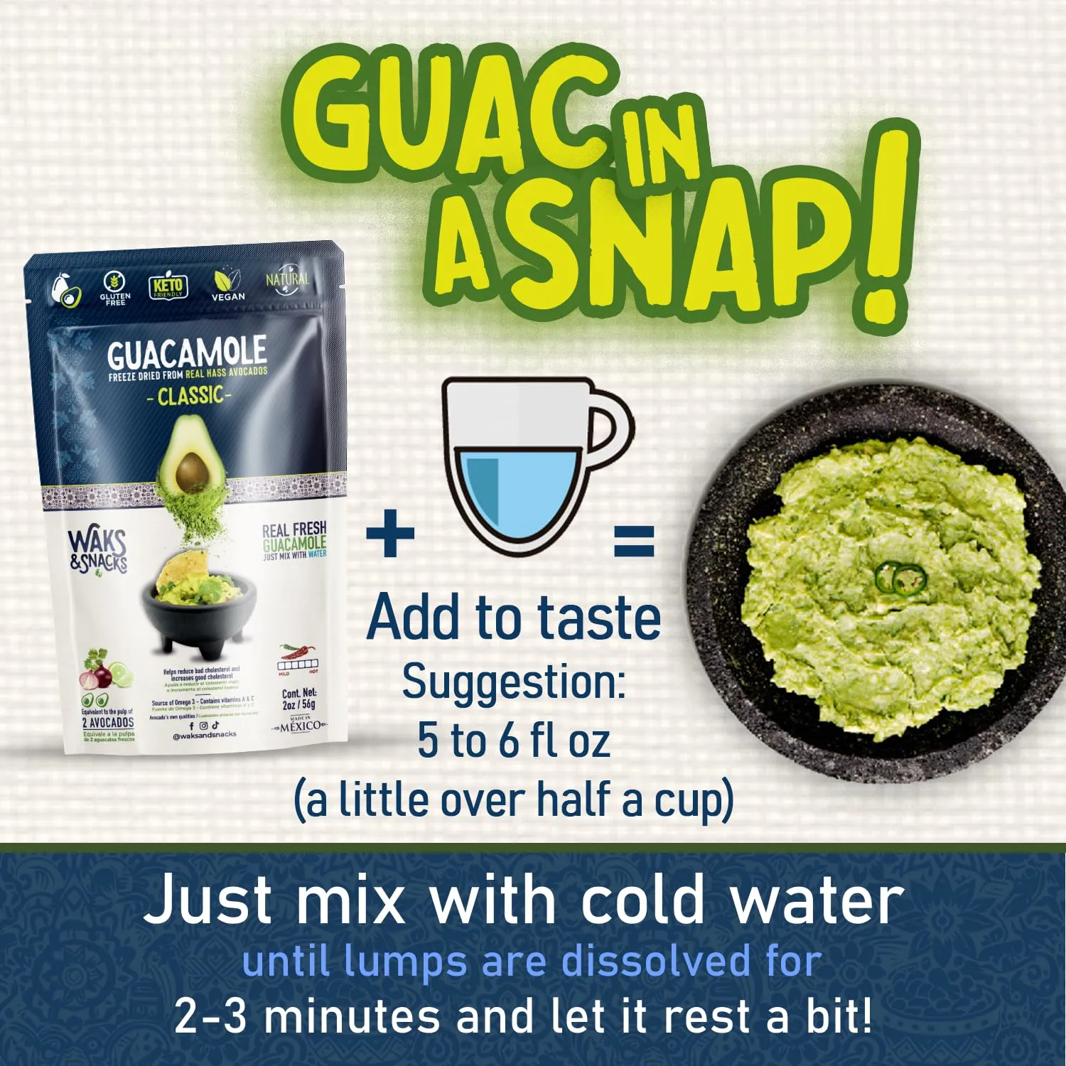 WAKS & SNACKS Freeze Dried Guacamole Classic |100% Fresh Hass Avocados, Perfect for Tortilla Chips | Energizes Camping & Hiking Meals | Vegan, Gluten-Free Guac Dip for Snacks | 2 Avocados | 2 oz, 1-Pack