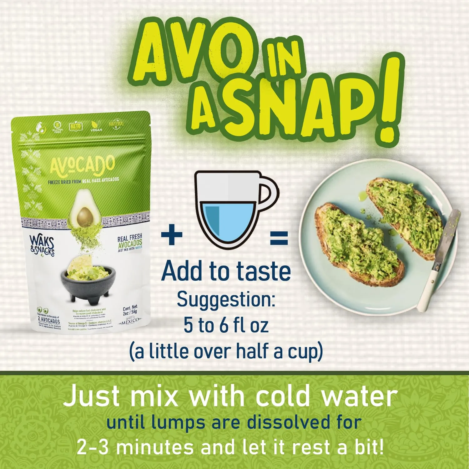 WAKS & SNACKS Freeze-Dried Avocado | 100% Fresh Hass Avocados, Perfect for Toast | Energizes Camping & Hiking Meals | Lightweight, Vegan, Gluten-Free | 2 Avocados | 2 oz, 1-Pack