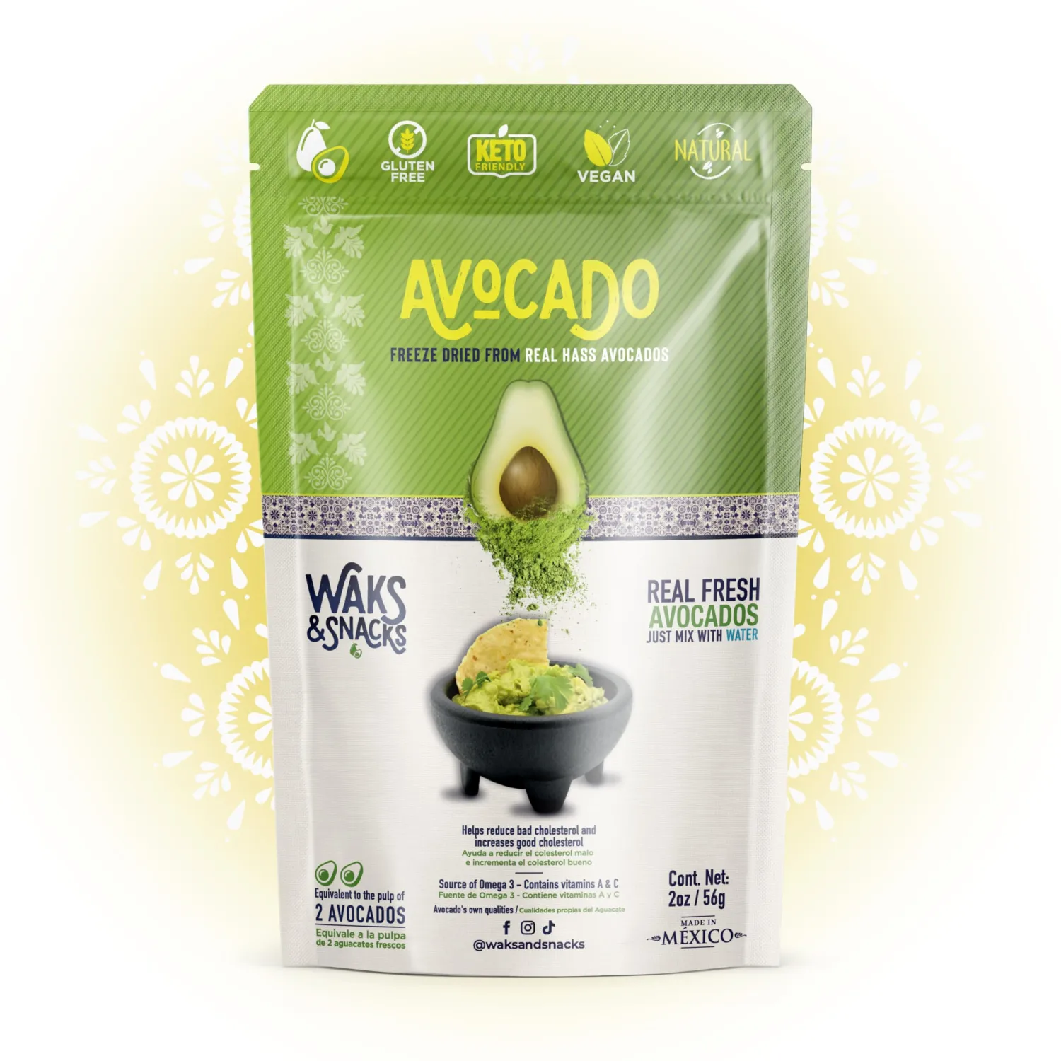 WAKS & SNACKS Freeze-Dried Avocado | 100% Fresh Hass Avocados, Perfect for Toast | Energizes Camping & Hiking Meals | Lightweight, Vegan, Gluten-Free | 2 Avocados | 2 oz, 1-Pack