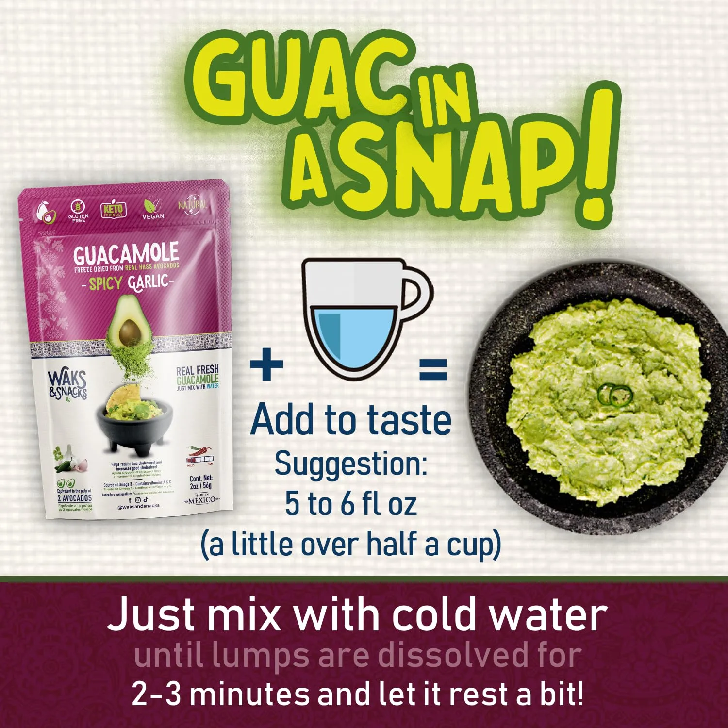 WAKS & SNACKS Freeze Dried Guacamole Spicy Garlic | 100% Fresh Hass Avocados, Perfect for Chips | Energizes Camping & Hiking Meals | Vegan, Gluten-Free Guac Dip | 2 Avocados | 2 oz, 1-Pack