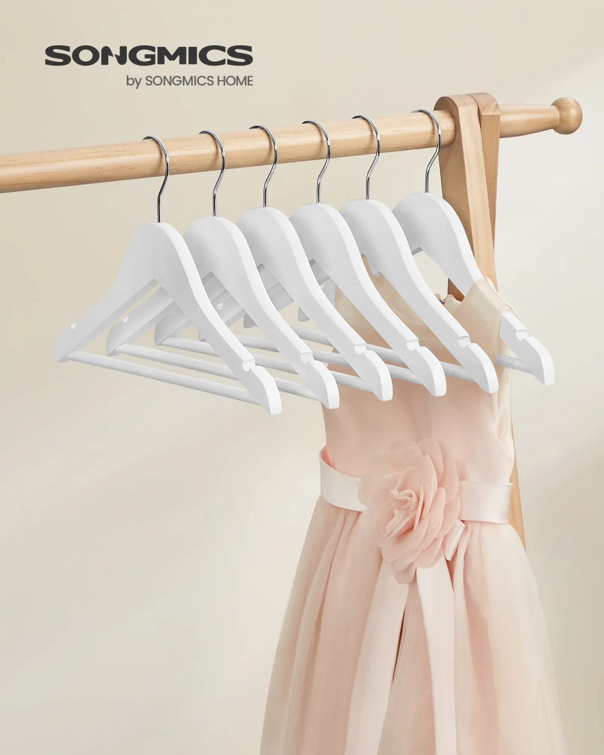 SONGMICS Kids Wooden Hangers 20 Pack, Solid Wood Baby Hangers, Children's Coat Hangers with Pants Bar, Shoulder Notches, Swivel Hooks, 12.6 x 7.5 Inches, White and Silver UCRW006W20