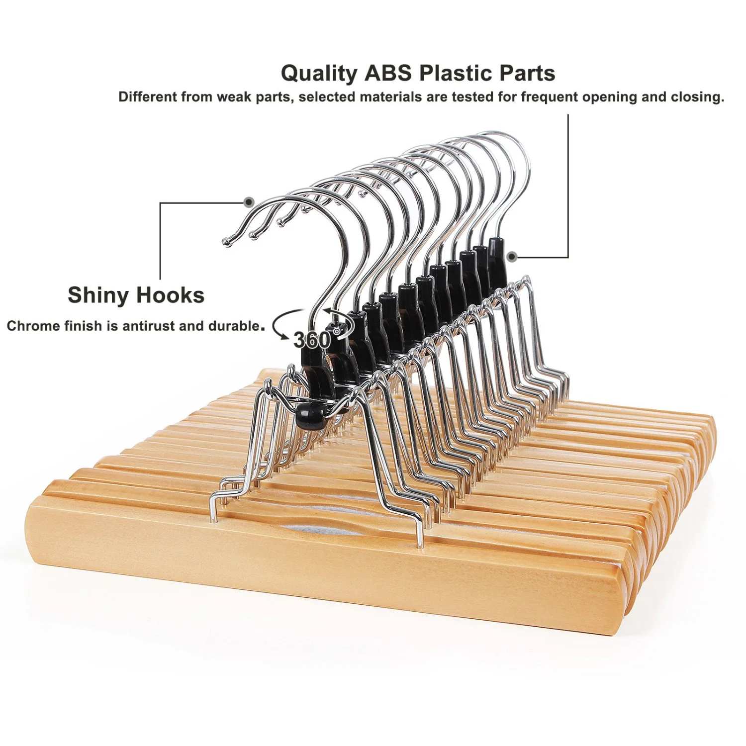 SONGMICS 12 Pack Wooden Pants Hangers, Premium Solid Wood with Non-Slip Felt, Hold Pants Tightly, Smooth Finish Wood Skirt Hangers, with 360° Swivel Hook, Natural UCRW007-12