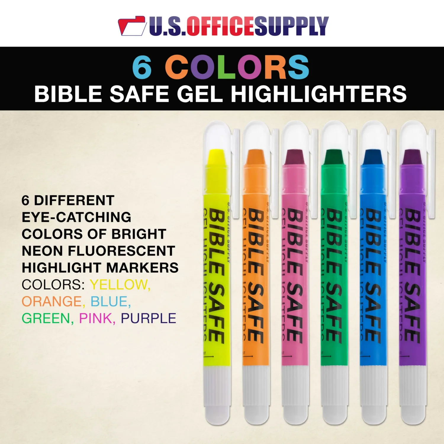 U.S. Office Supply Bible Safe Gel Highlighters, 6 Pack Set - 6 Different Bright Neon Fluorescent Highlight Colors Yellow, Orange, Pink, Purple, Green, Blue - Won't Bleed, Fade or Smear - Study Guide