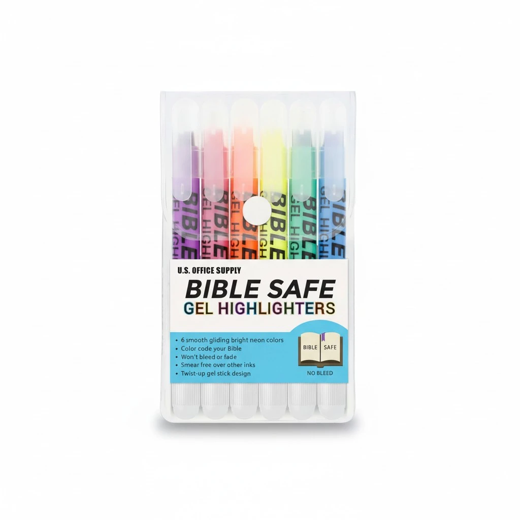 U.S. Office Supply Bible Safe Gel Highlighters, 6 Pack Set - 6 Different Bright Neon Fluorescent Highlight Colors Yellow, Orange, Pink, Purple, Green, Blue - Won't Bleed, Fade or Smear - Study Guide
