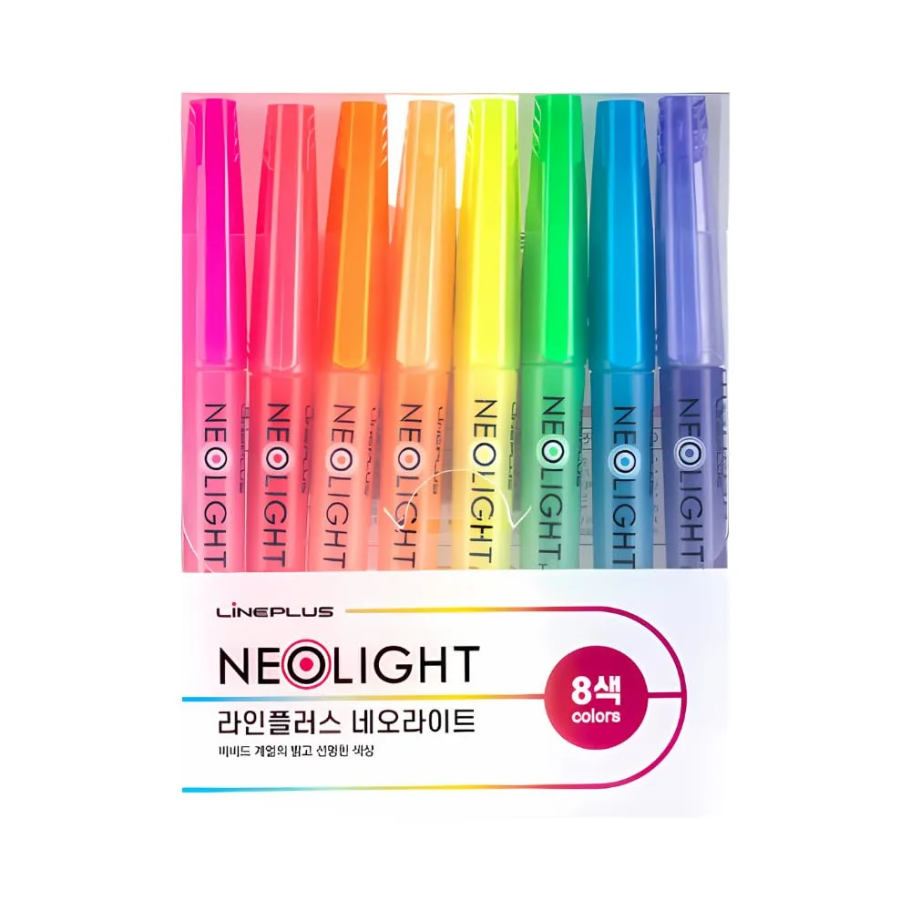 LINEPLUS NEOLIGHT Highlighter Set - Made in Korea | 8 Bright Neon Colors for Vivid Highlighting & Note-Taking | Smudge-Free, Quick-Dry Ink | Ideal for Study, Office, and Creative Use
