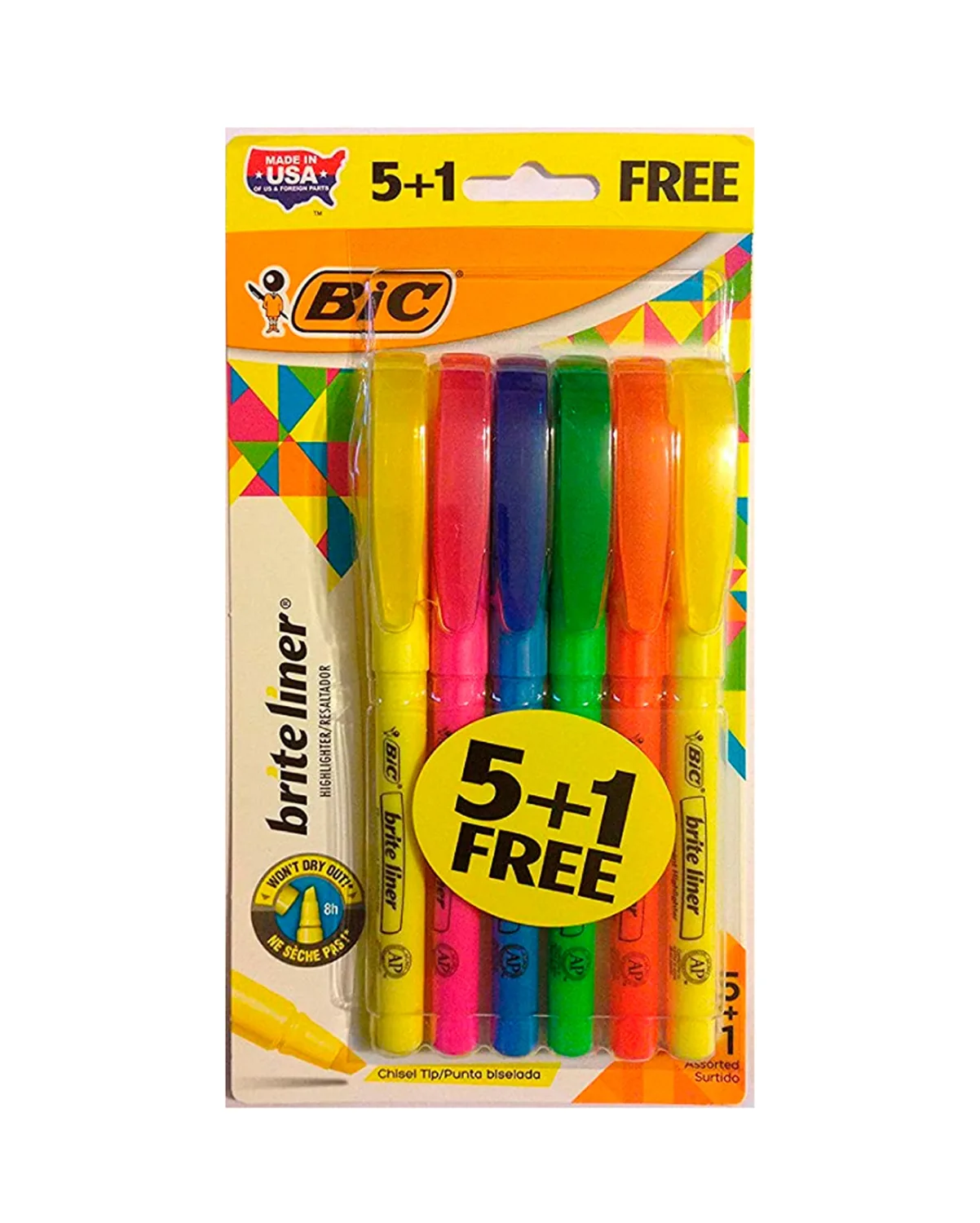 Bic Brite Liner Highlighters Chisel Tip Multi-Color Bonus Size Package 5+1 Highlighters Per Package