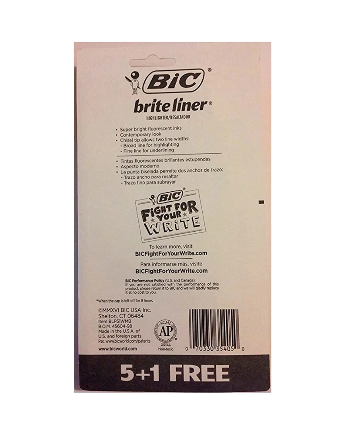 Bic Brite Liner Highlighters Chisel Tip Multi-Color Bonus Size Package 5+1 Highlighters Per Package