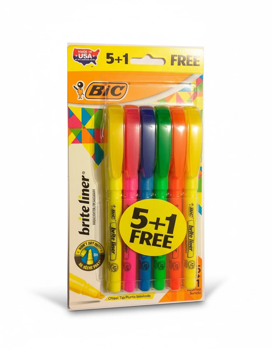 Bic Brite Liner Highlighters Chisel Tip Multi-Color Bonus Size Package 5+1 Highlighters Per Package