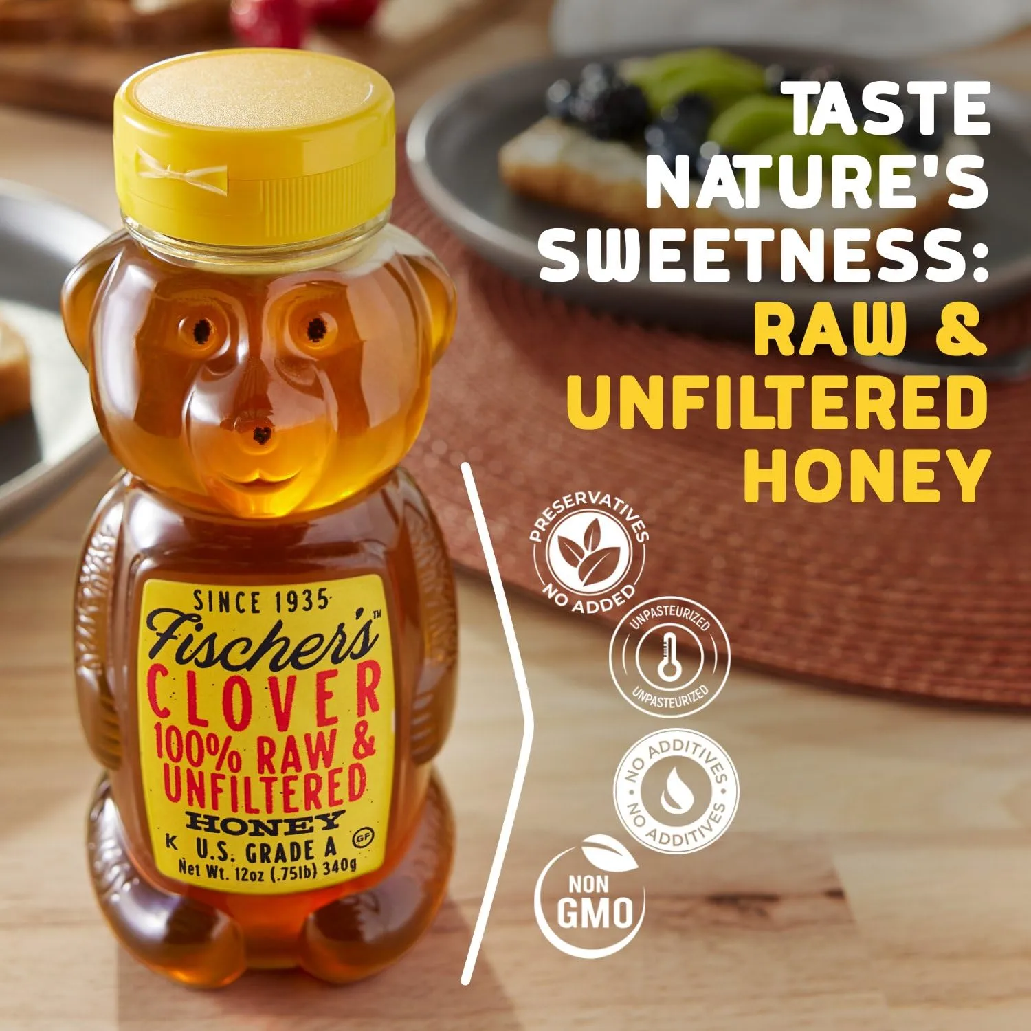 Fischer's 100% Clover Honey, 12 Oz – Pure, Raw & Unfiltered Honey – Squeezable Honey Bear Bottle – Gluten-Free, Non-GMO – All-Natural Sweetener