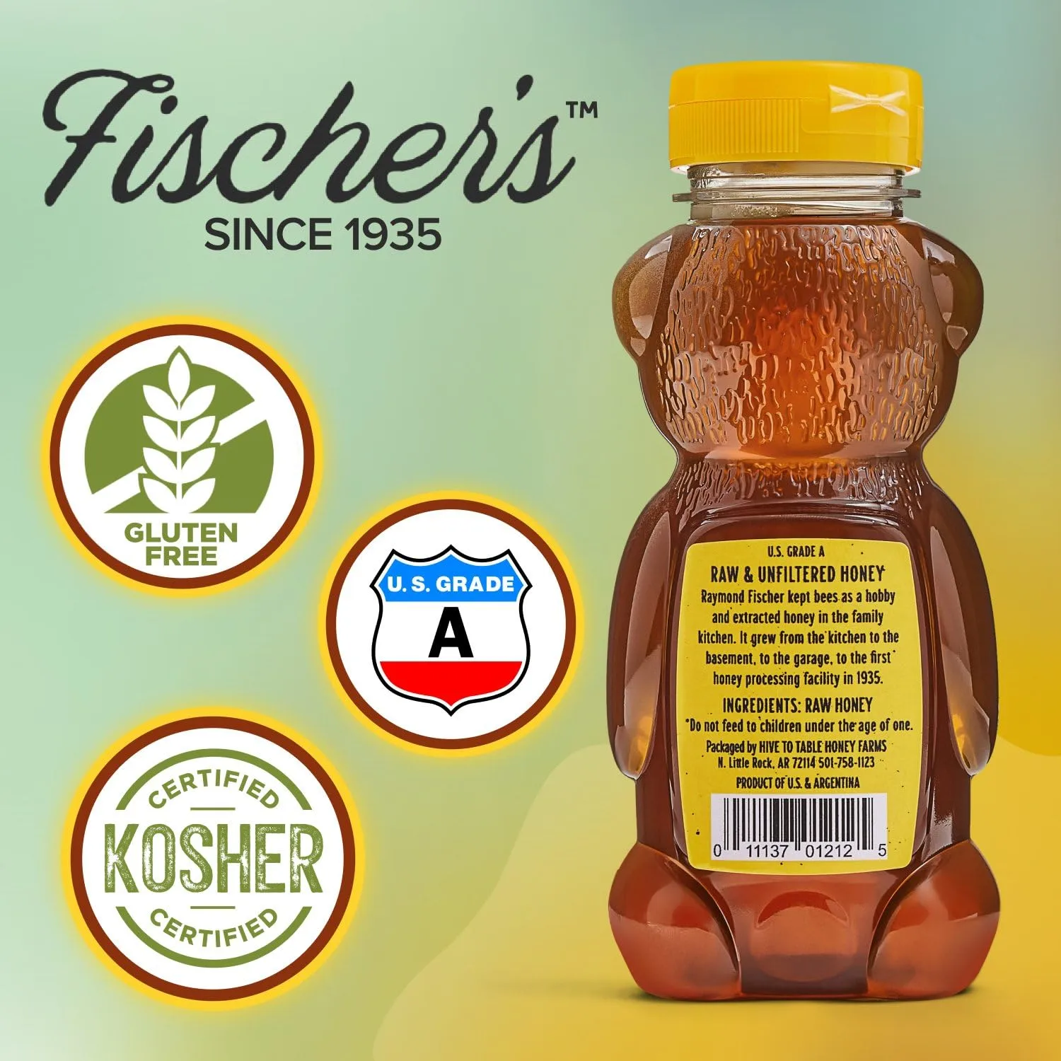 Fischer's 100% Clover Honey, 12 Oz – Pure, Raw & Unfiltered Honey – Squeezable Honey Bear Bottle – Gluten-Free, Non-GMO – All-Natural Sweetener