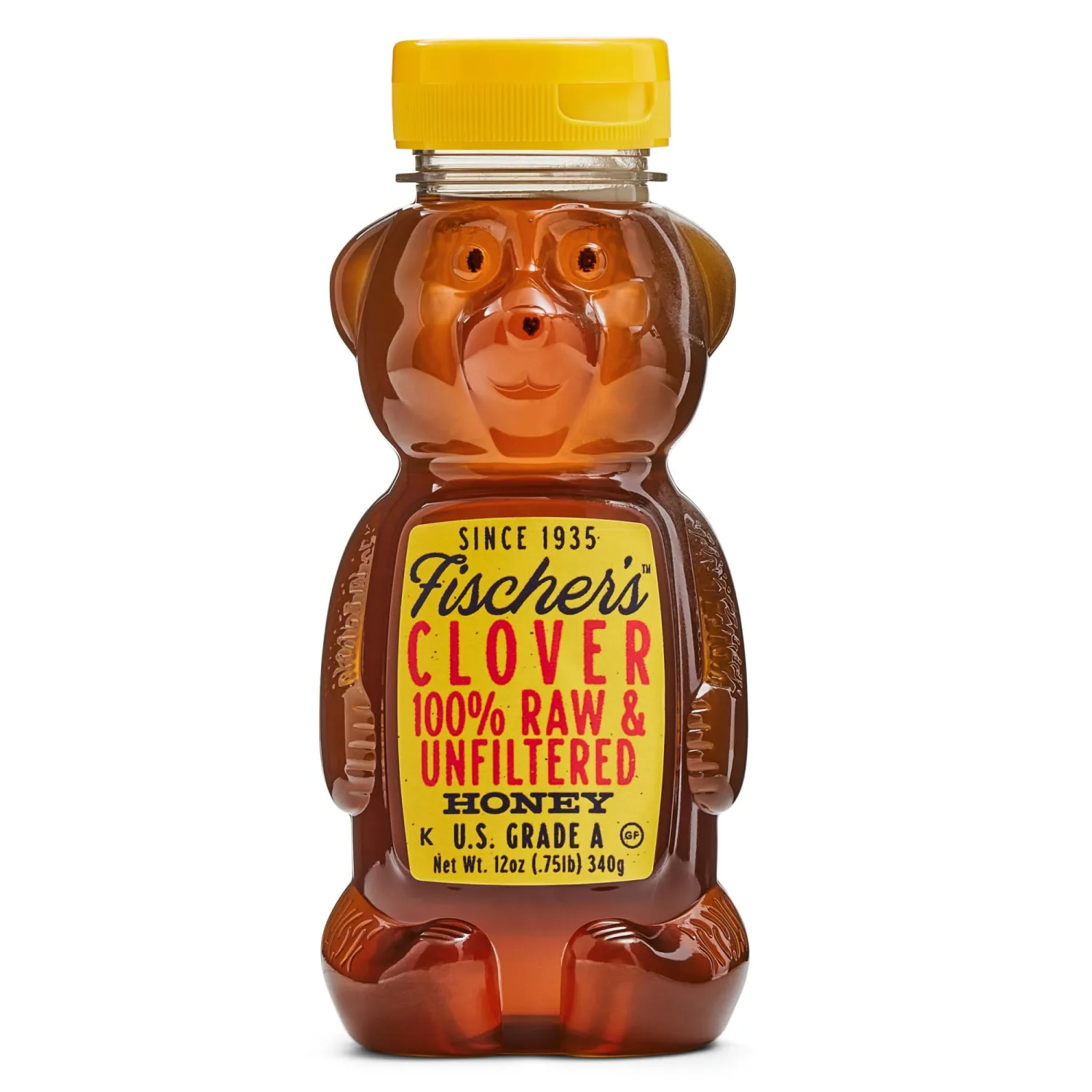 Fischer's 100% Clover Honey, 12 Oz – Pure, Raw & Unfiltered Honey – Squeezable Honey Bear Bottle – Gluten-Free, Non-GMO – All-Natural Sweetener