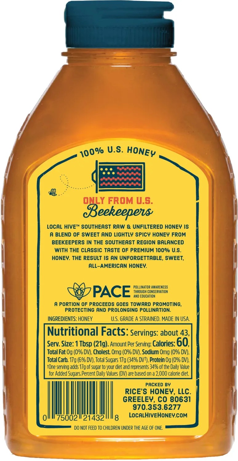 Local Hive Southwest Raw Unfiltered Honey – 32oz, 100% Pure US Honey, Sourced from American Bees and Beekeepers - Natural Sweetener, Ideal for Tea, Baking, and Cooking