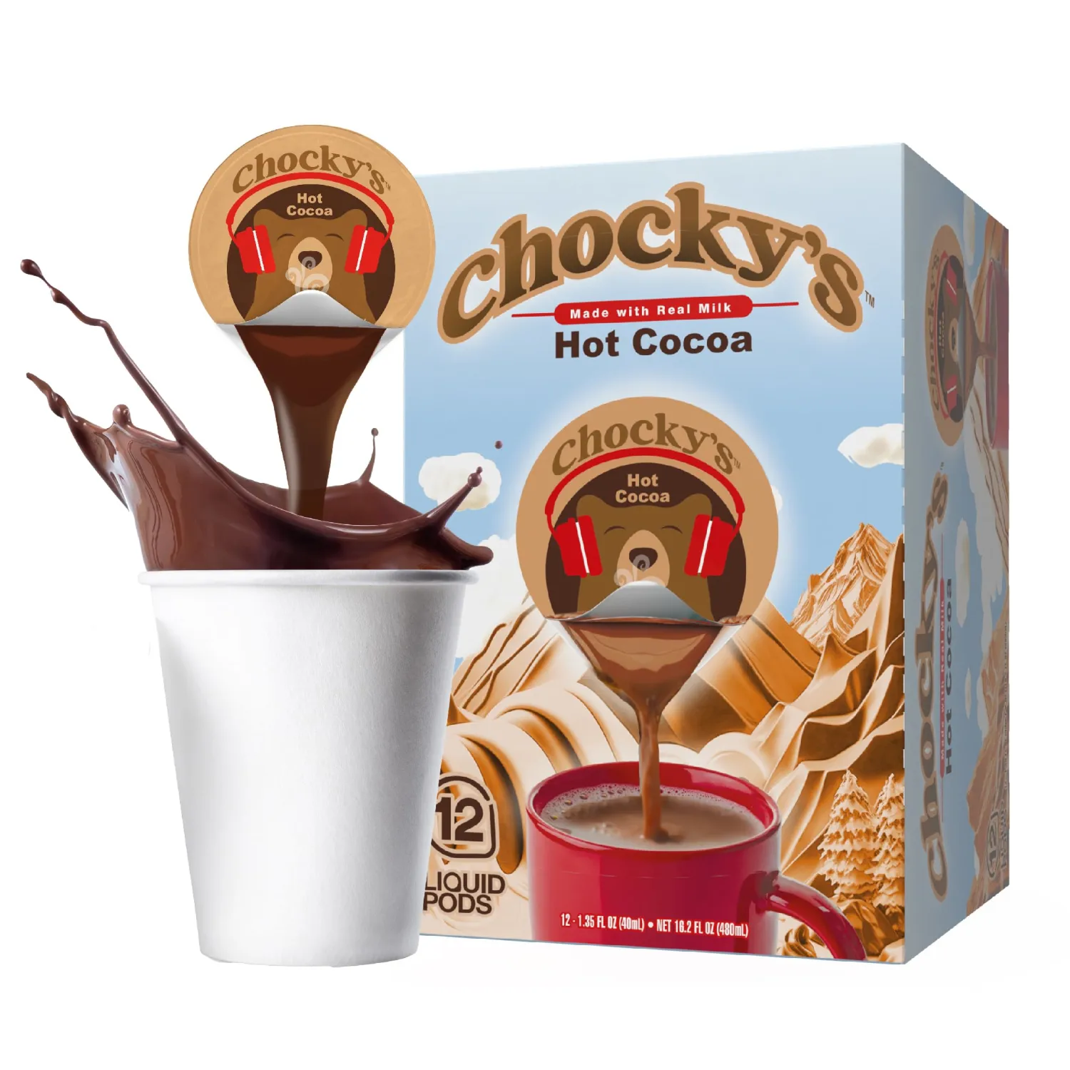 Chocky's Hot Chocolate Concentrate Single Serve Liquid Pods by Java House, Peel and Pour, Hot Chocolate, 12 Count