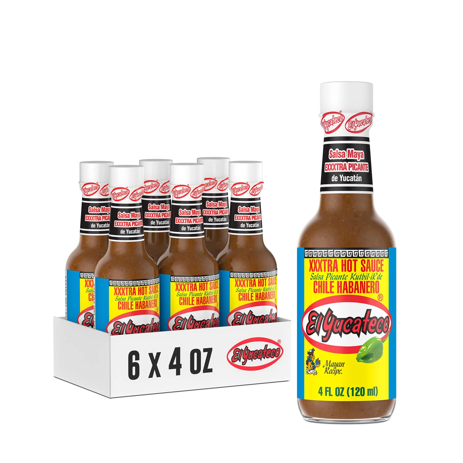 El Yucateco XXXtra Hot Habanero Sauce, 4 oz., 6 Pack,11,250 Average Scoville Units, Gluten Free, Sugar Free