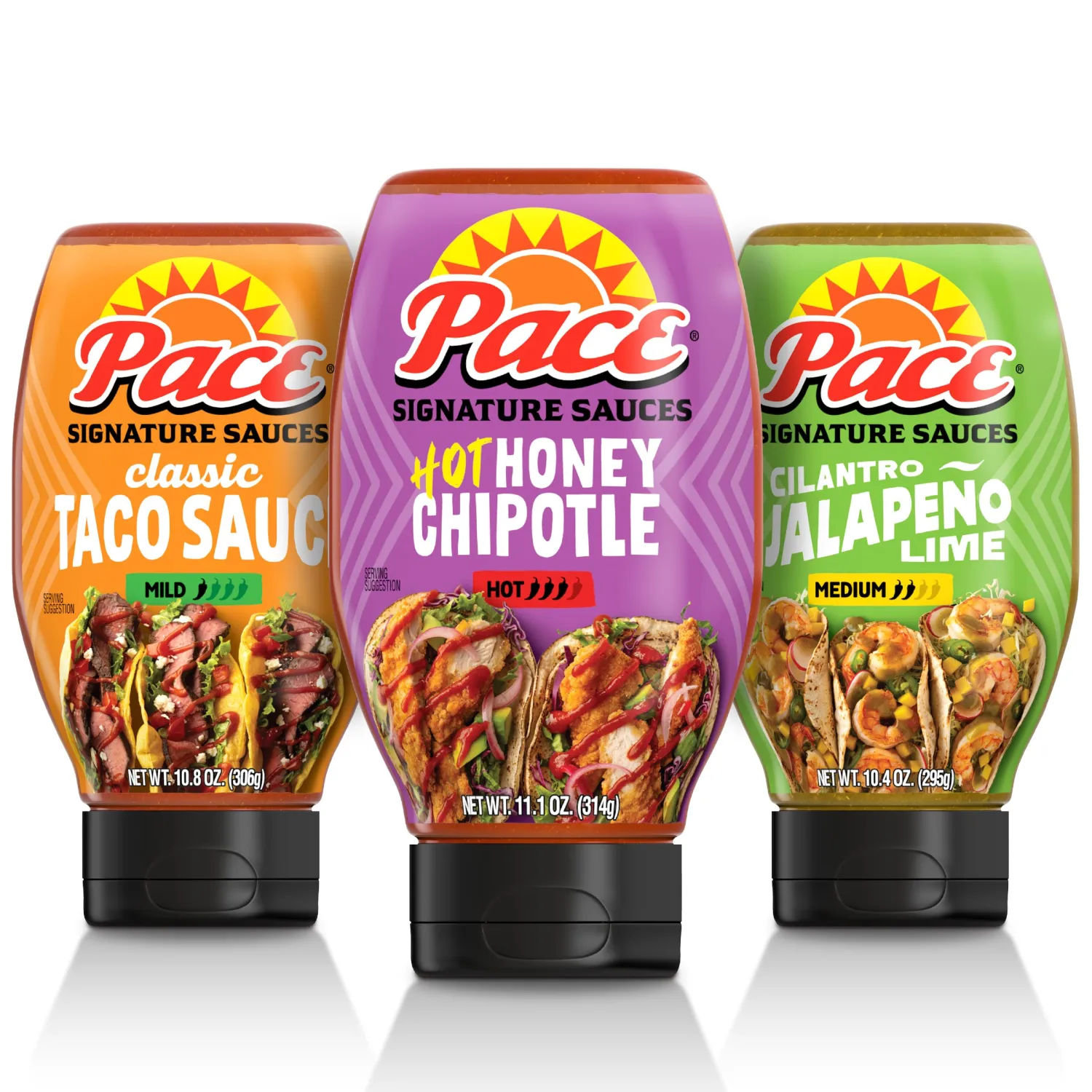 Bundle of Pace Signature Sauces Cilantro Jalapeno Lime Sauce, 10.4 oz Bottle + Pace Signature Sauces Hot Honey Chipotle Sauce, 11.1 oz Bottle + Pace Signature Sauces Classic Taco Sauce, 10.8 oz Bottle