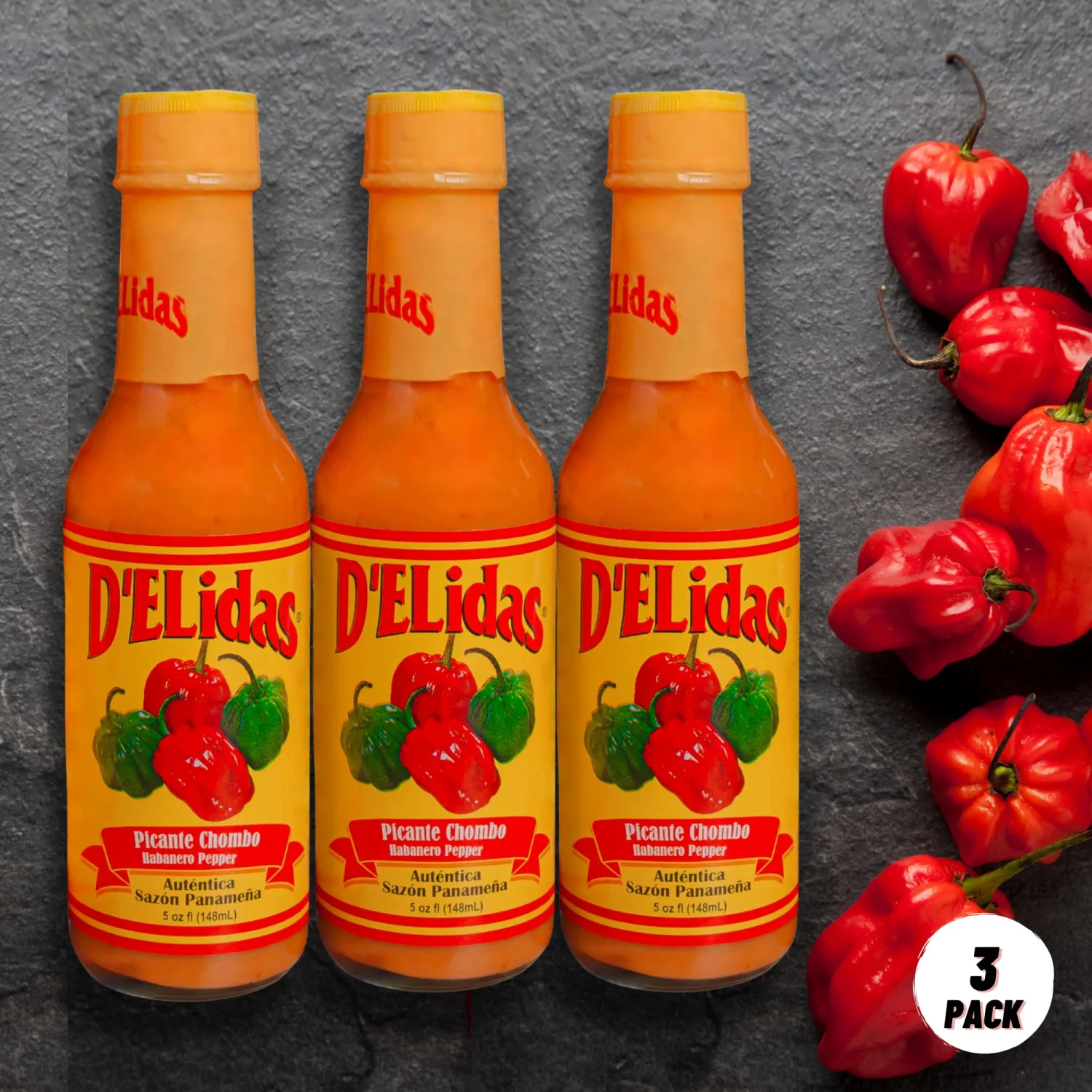 D'ELidas Habanero Hot Sauce, Natural Habanero Pepper Hot Sauce, Chombo Picante Sauce #1 in Panama, Non-GMO, Keto Friendly Food Habanero Sauce, 5 Fl Oz (Pack of 3)
