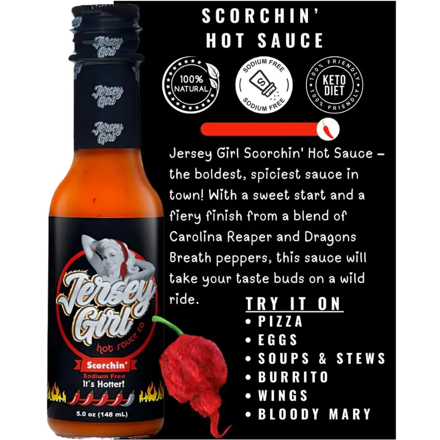 Jersey Girl Scorchin' No Salt/Sodium Free Hot Sauce 5oz (Carolina Reaper & Dragon's Breath Pepper Sauce (2 Pack) - All Natural