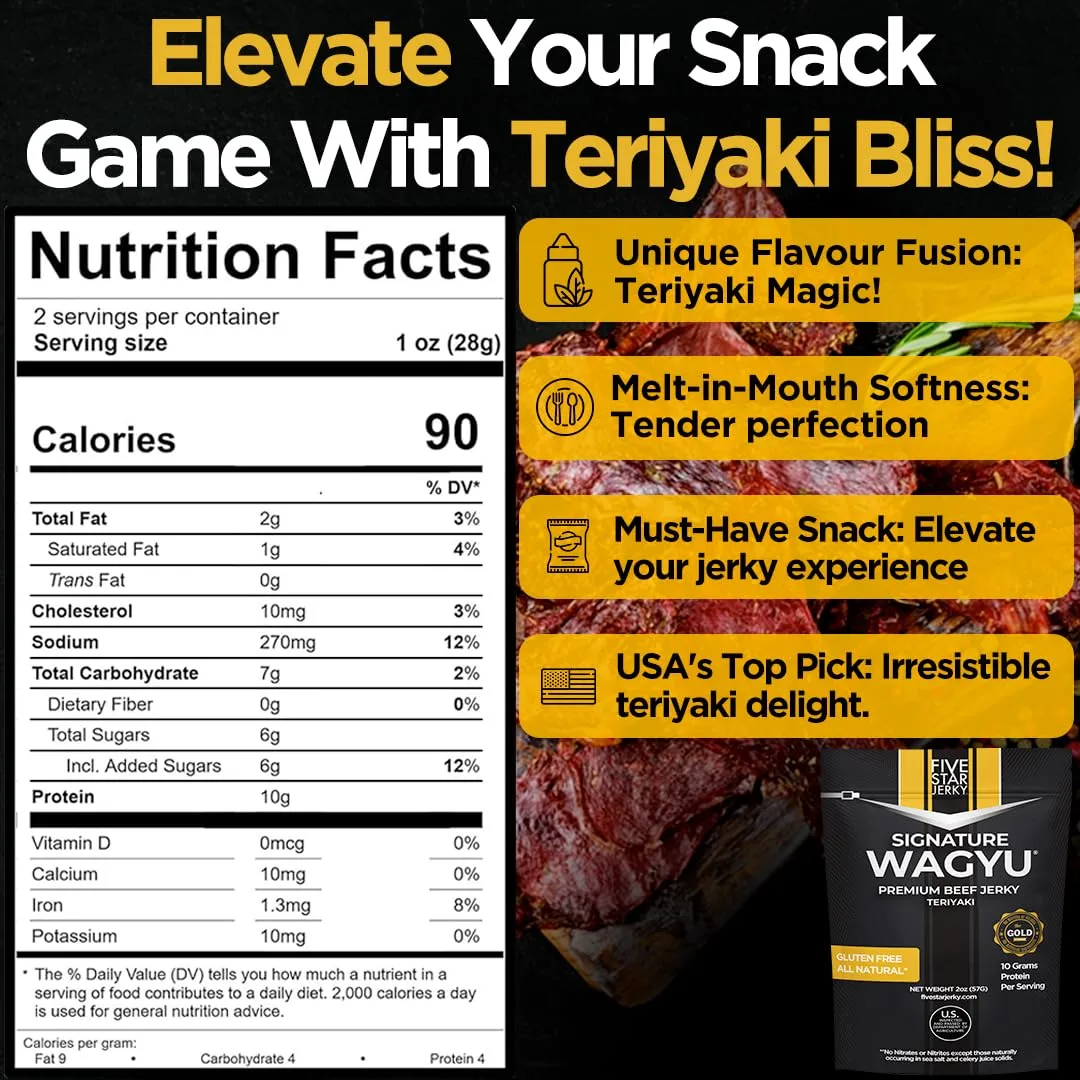 Five Star Wagyu Teriyaki Beef Jerky, Soft & Mouth Melting Tender Jerky, Award-Winning Premium Beef Jerky, No Artificial Ingredients, Premium Gift Snack, Nitrate/Nitrite-Free, Gluten-Free, Wagyu Beef Snacks (4 Pack of 2oz-Total 8oz) Gourmet Beef Jerky