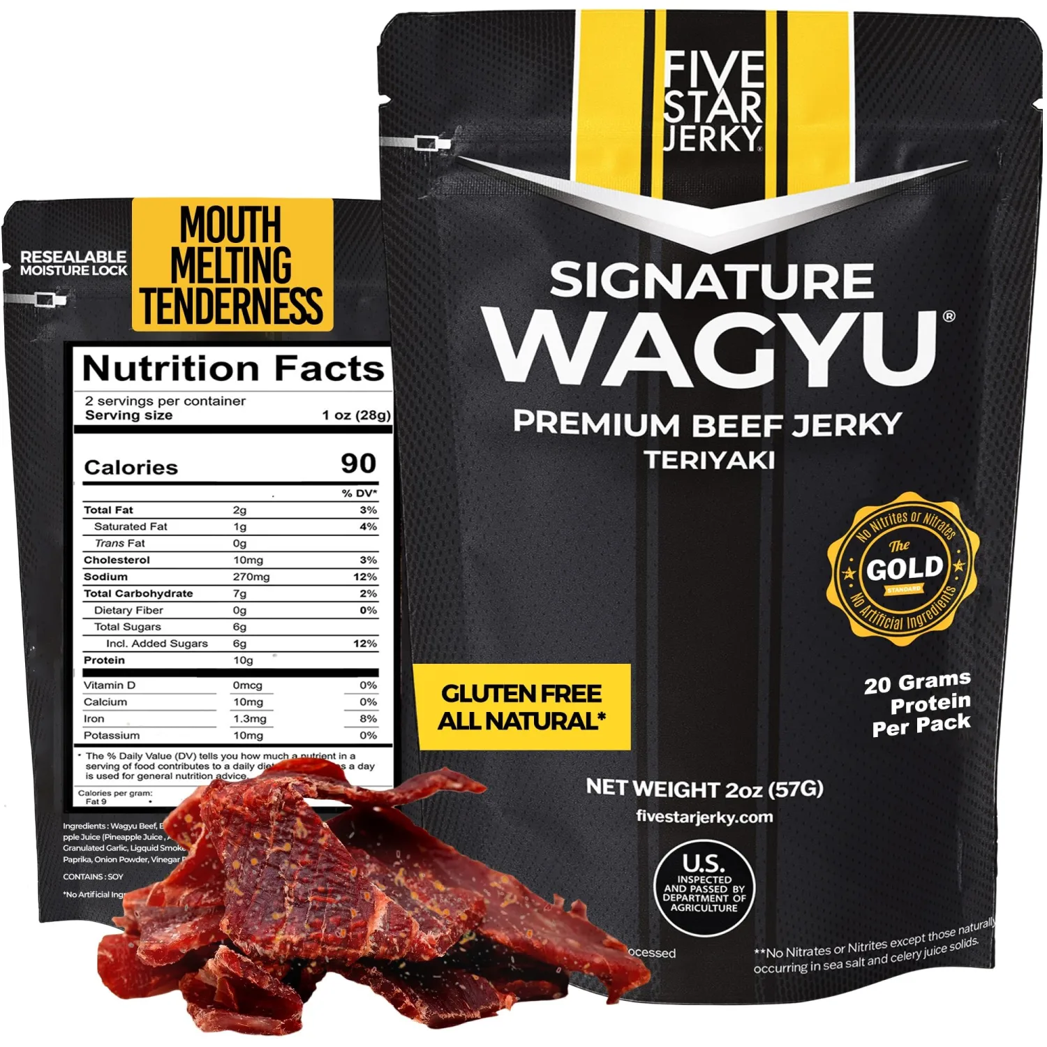 Five Star Wagyu Teriyaki Beef Jerky, Soft & Mouth Melting Tender Jerky, Award-Winning Premium Beef Jerky, No Artificial Ingredients, Premium Gift Snack, Nitrate/Nitrite-Free, Gluten-Free, Wagyu Beef Snacks (4 Pack of 2oz-Total 8oz) Gourmet Beef Jerky