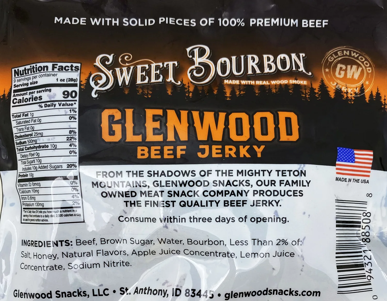 Glenwood Snacks Beef Jerky Sweet Bourbon 9 Ounce Resealable Bag - Moist & Tender Beef Jerky, Gluten-Free Jerky, Made in the USA