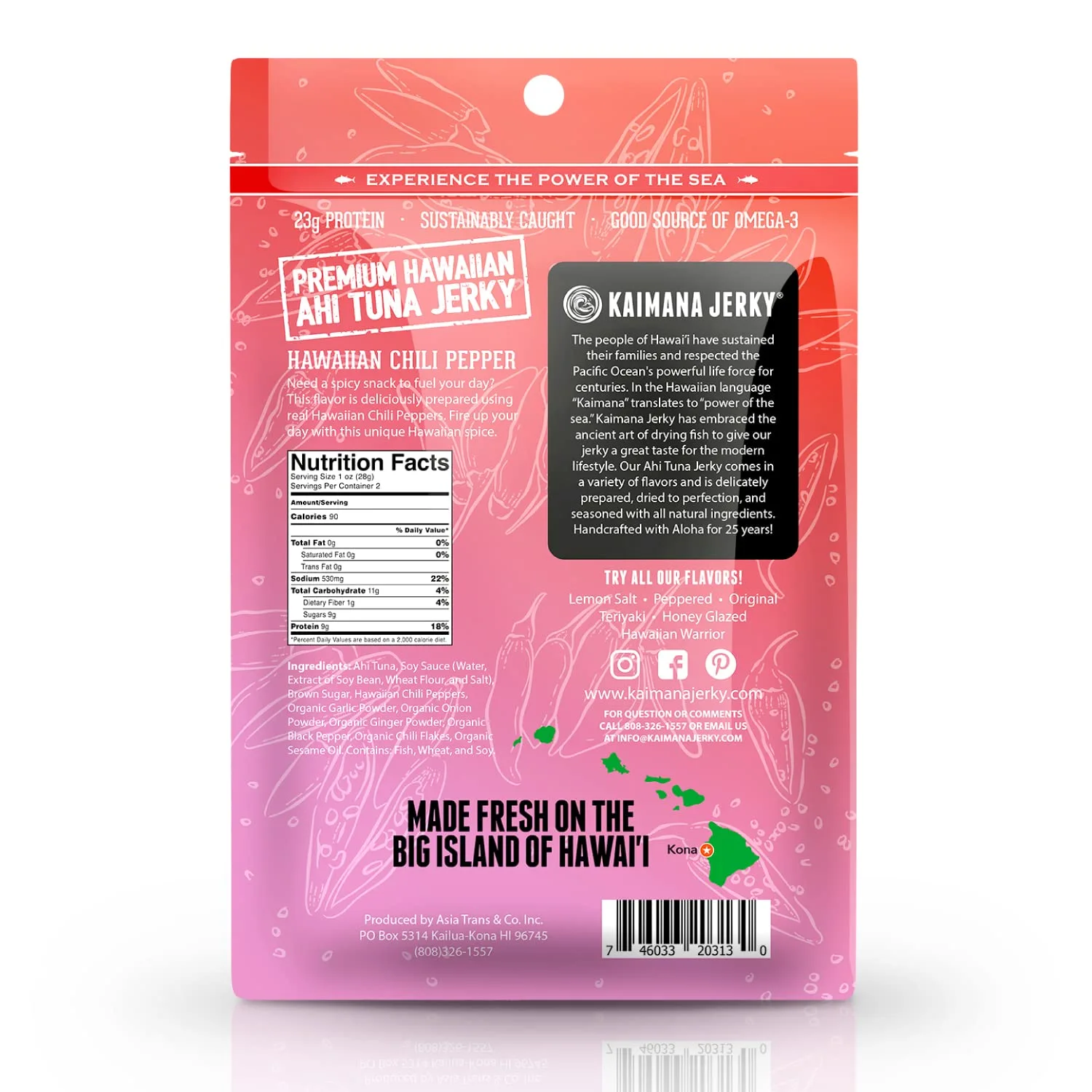 Kaimana Ahi Tuna Jerky Hawaiian Chili Pepper 2 Ounce - Soft and Tasty - Premium Fish Jerky Made in the USA. High in Omega 3's, All Natural and Wild Caught