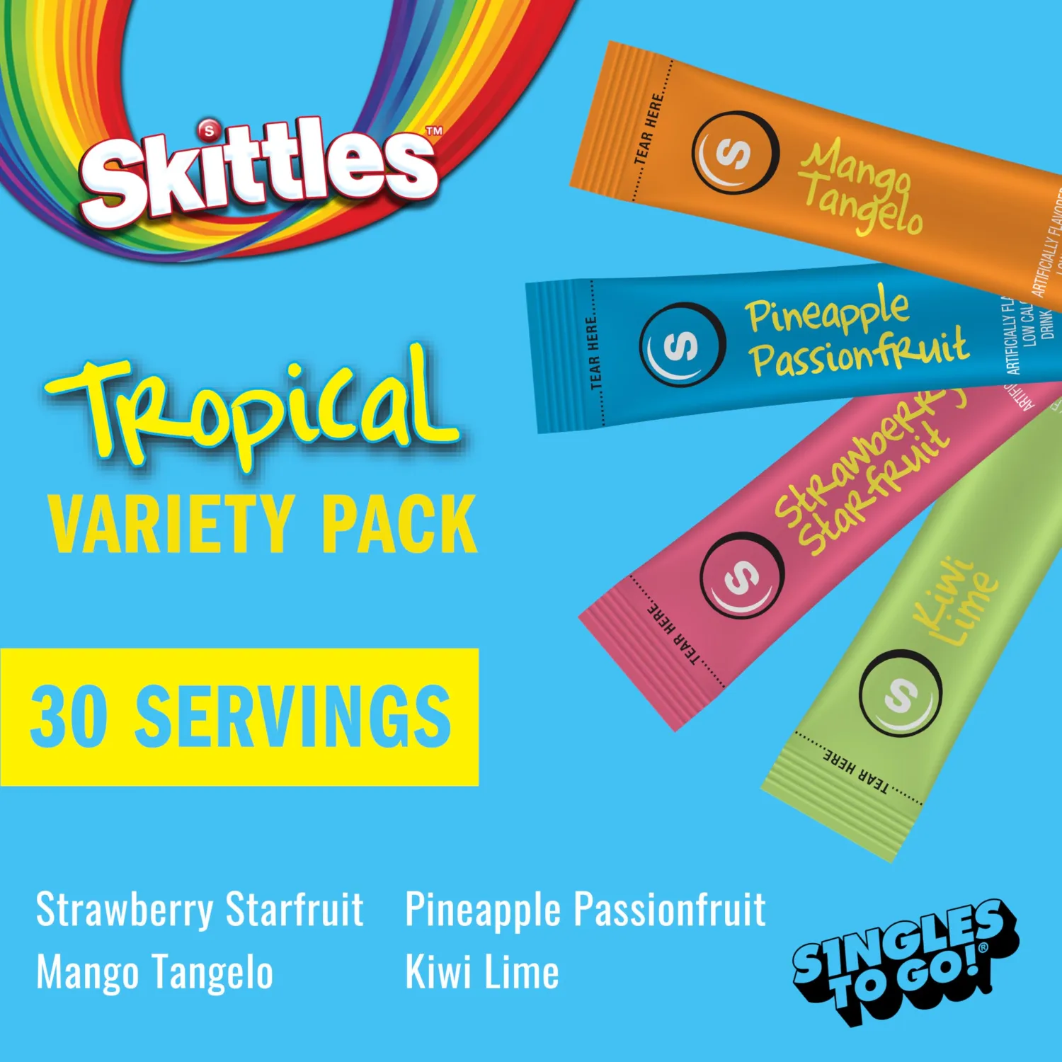 Skittles Singles To Go Tropical Variety Pack, Watertok Powdered Drink Mix, Includes 4 Flavors, Strawberry Starfruit, Mango Tangelo, Kiwi Lime, Pineapple Passionfruit, 1 Box (30 Servings)