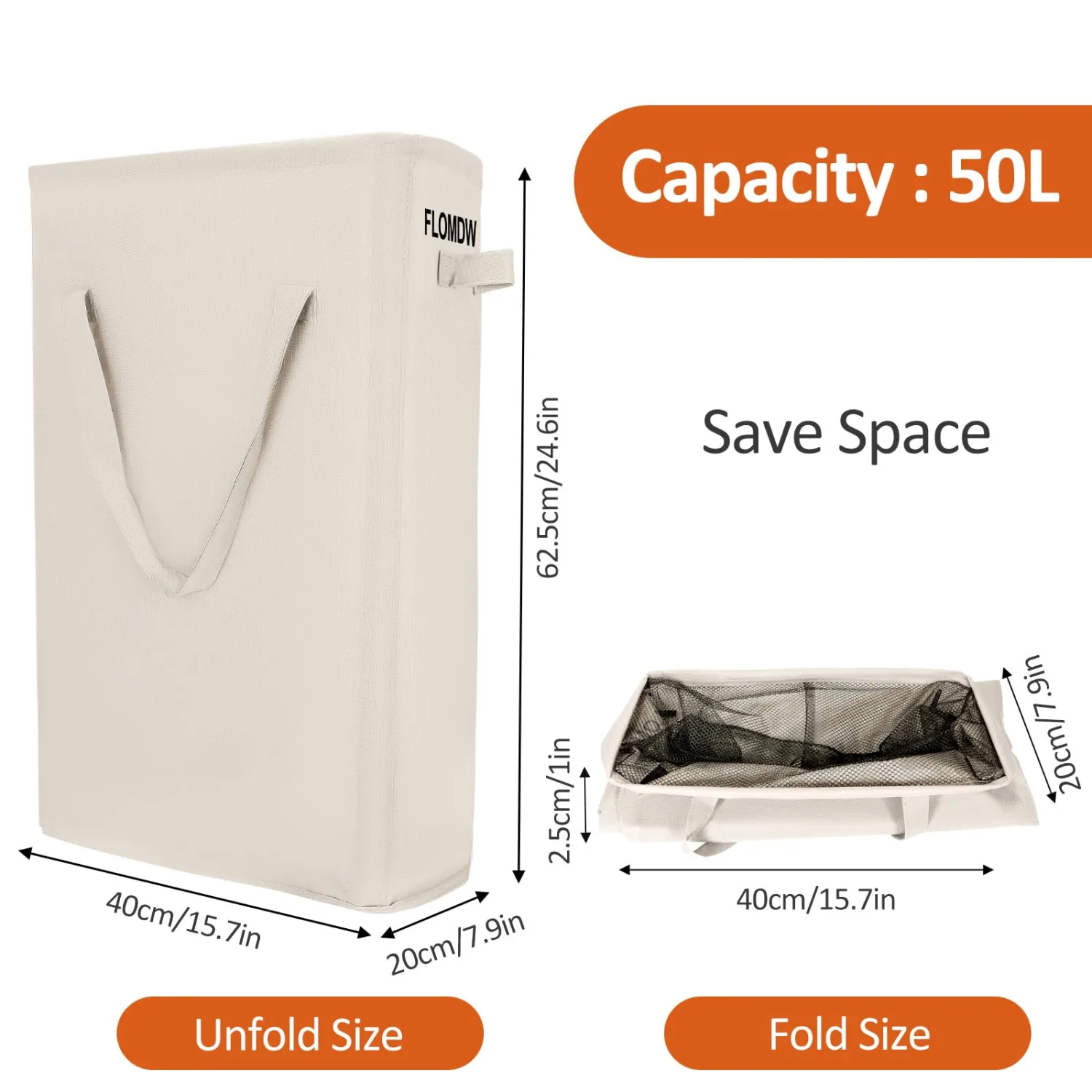 Laundry Basket Dirty Clothes Basket with Handles Foldable Laundry Basket for Clothes Tall Laundry Basket for Laundry Room Bag Dorm Bedroom 50L (Beige)