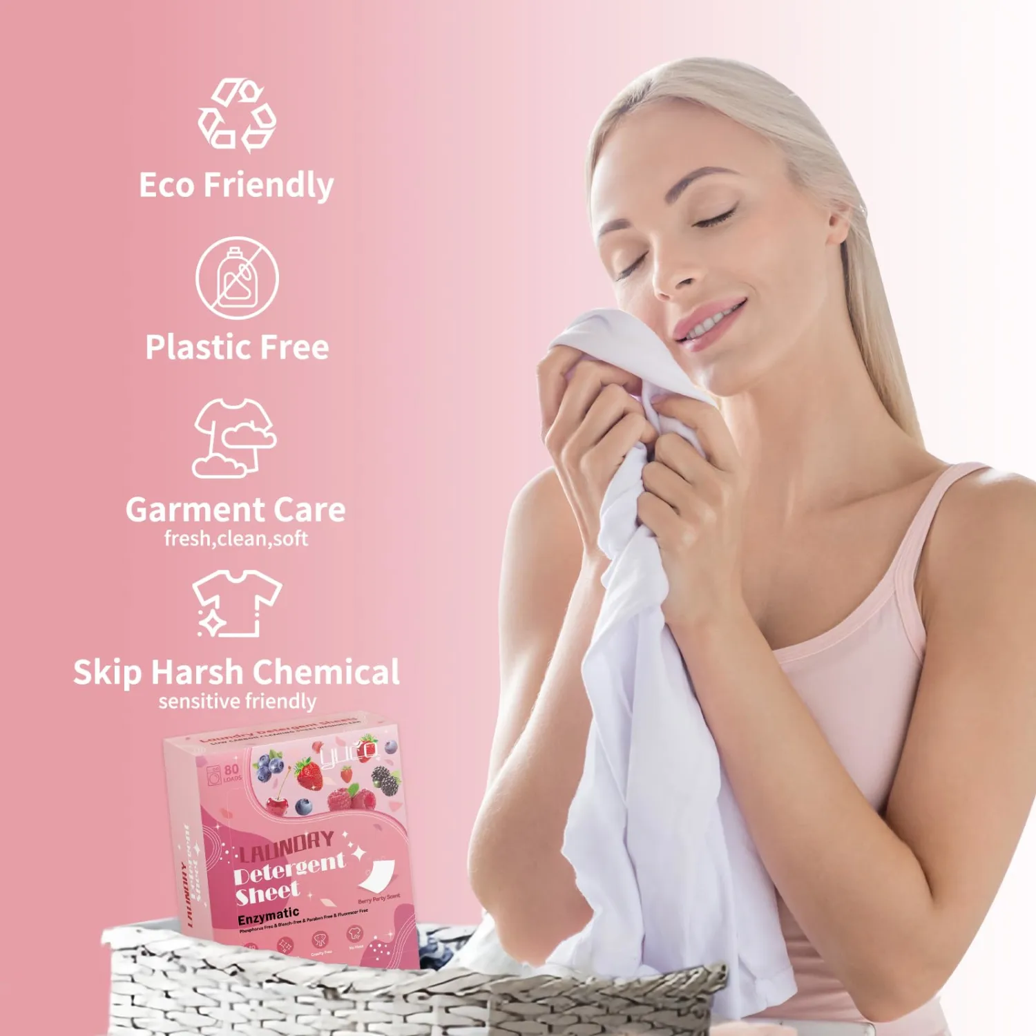 YUCO Laundry Detergent Sheets Berry Scent 80 Loads Eco Laundry Soap Washer Sheet, Liquidless Washing Detergent Sheets for Laundry for Travel, Plastic Free, Hypoallergenic