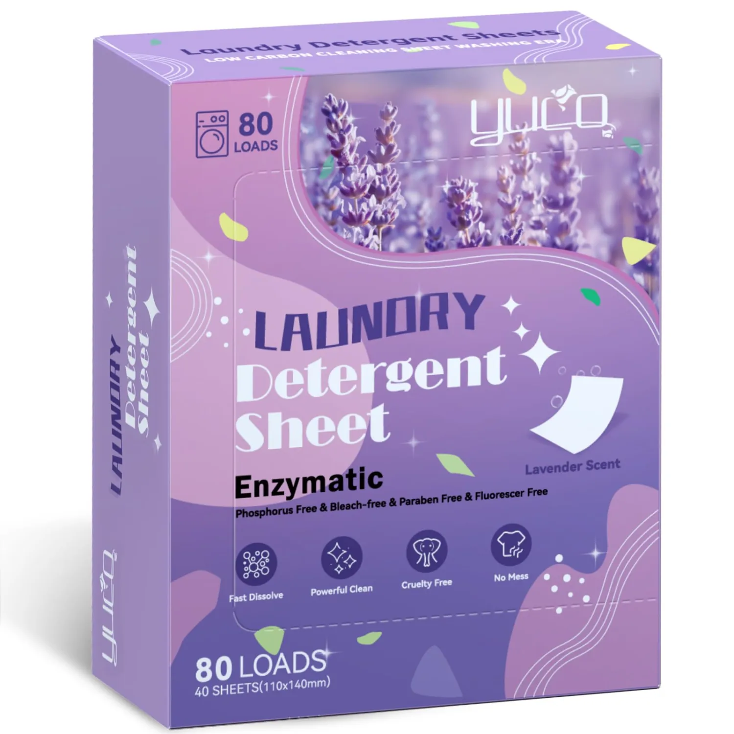 YUCO Laundry Detergent Sheets Lavender Scent 80 Loads, Eco Friendly Laundry Soap Washer Sheets, Liquidless Laundry Detergent Sheet for Travel No Plastic, Hypoallergenic