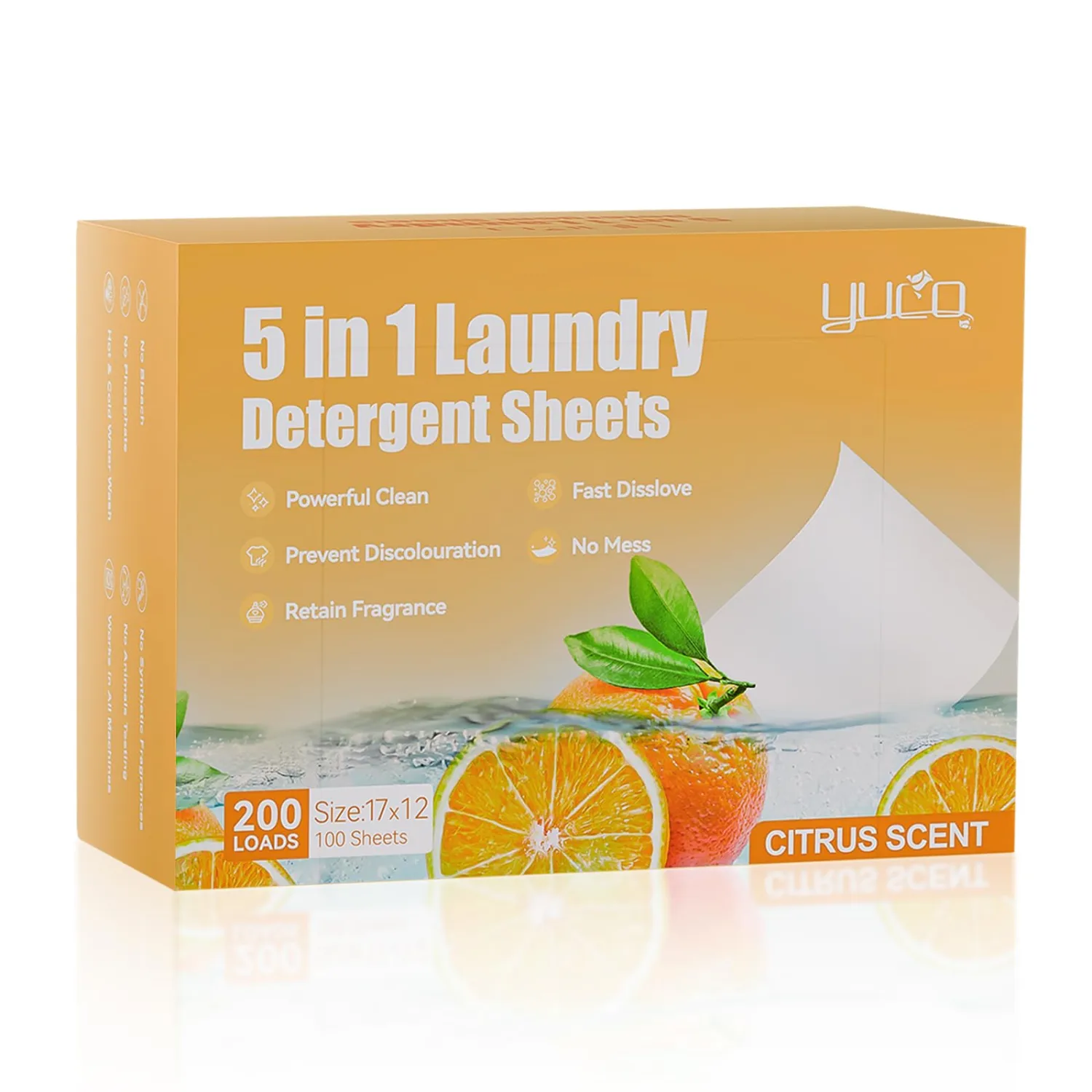 YUCO Citrus Scented Detergent Sheets 200 Loads, Eco Friendly Laundry Soap Sheets, Liquid Free Washer Sheets Detergent Hypoallergenic Plastic Free