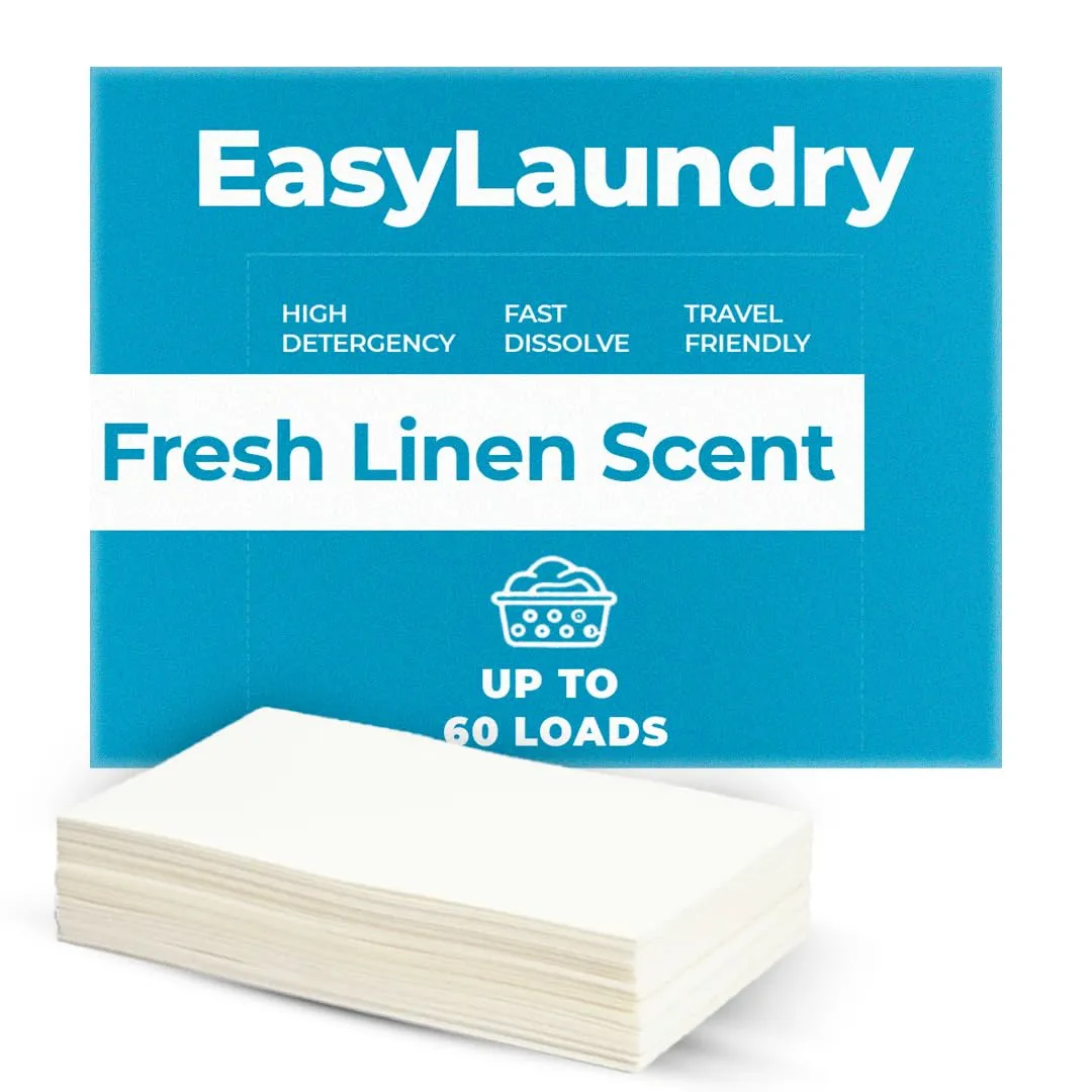 Detergent Sheets - 60 Loads - Fresh Linen Scent - Eco Friendly, Plastic Free, Travel Friendly - Powerful Stain Removal - Works in Hard Water & All Machines - Sensitive Skin Safe