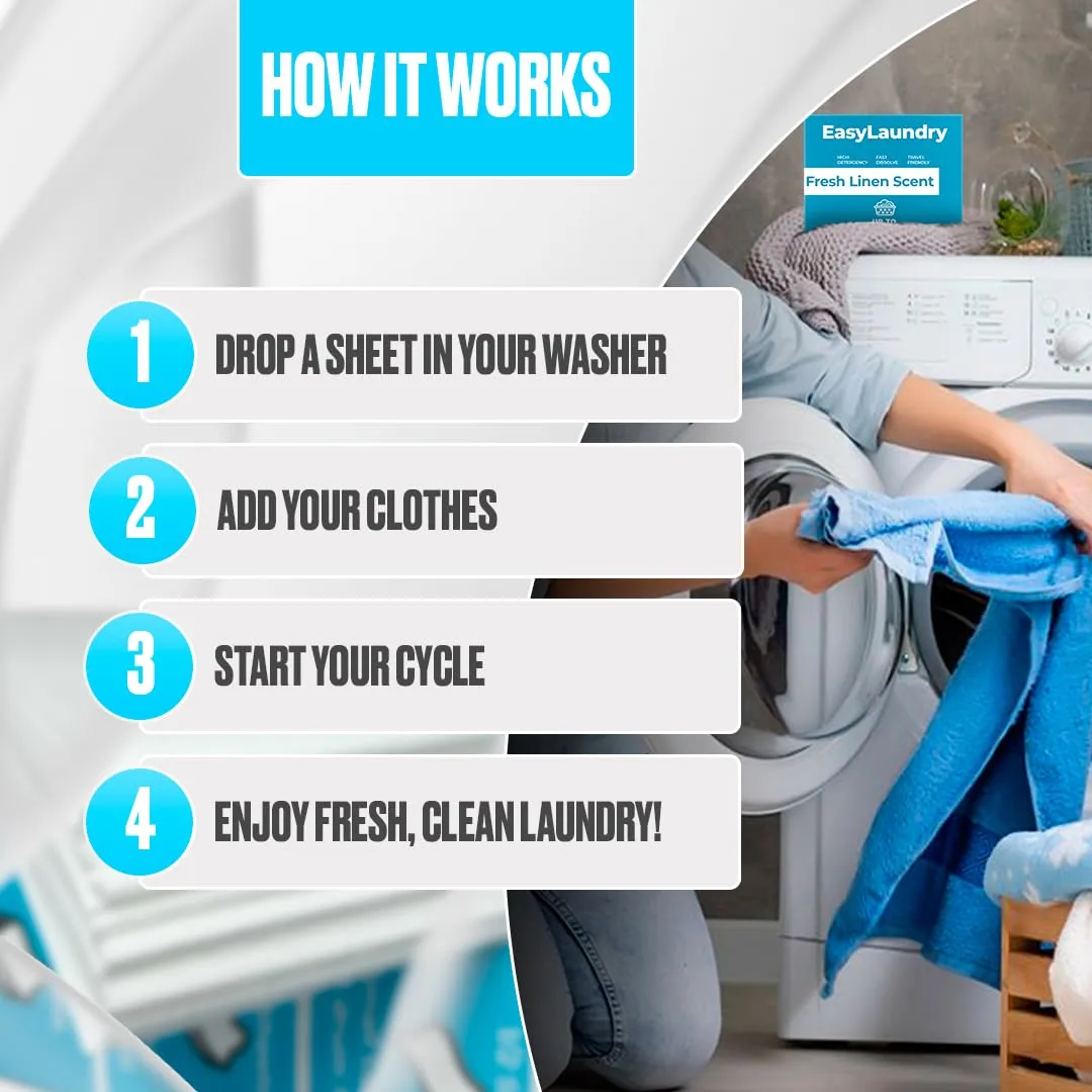 Detergent Sheets - 60 Loads - Fresh Linen Scent - Eco Friendly, Plastic Free, Travel Friendly - Powerful Stain Removal - Works in Hard Water & All Machines - Sensitive Skin Safe