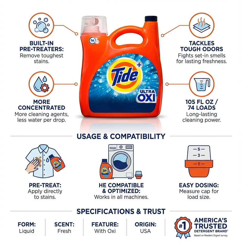 Tide Ultra Oxi Liquid Laundry Detergent, 74 Loads, 105 fl oz, HE Compatible
