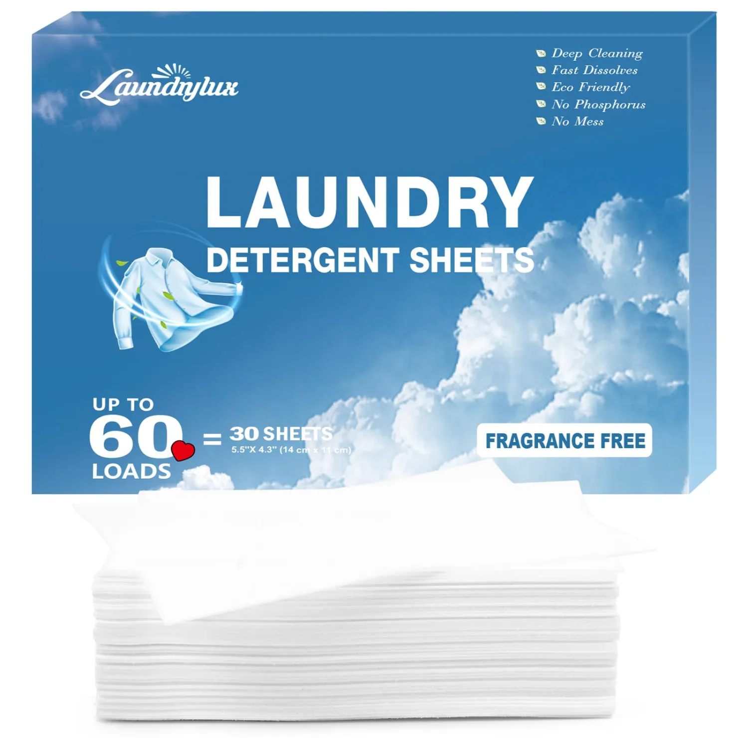 Laundry Detergent Sheet, Eco-Friendly & Hypoallergenic Wash Strips, Natural Ingredients, Ultra-Concentrated, Travel-Ready, No Plastic Jug- Unscented, (60 Loads) 30 Sheets