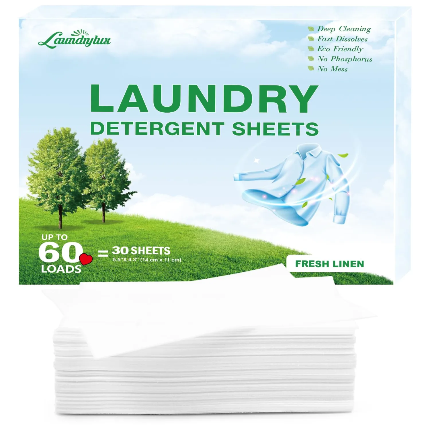 Laundry Detergent Sheet, Eco-Friendly & Hypoallergenic Wash Strips, Natural Ingredients, Ultra-Concentrated, Travel-Ready, No Plastic Jug- Fresh Scent, (60 Loads) 30 Sheets