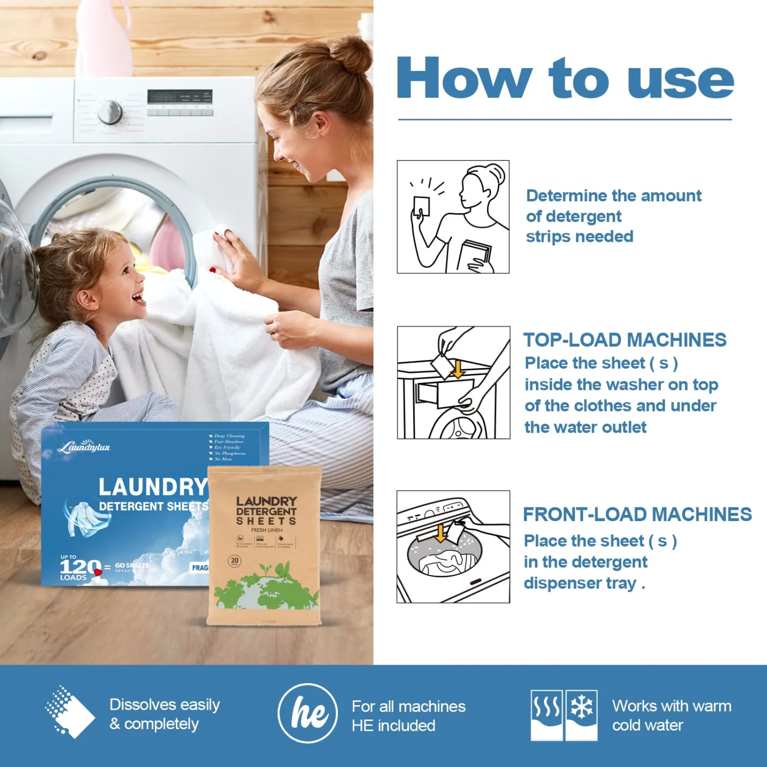 Laundry Detergent Sheet, Eco-Friendly & Hypoallergenic Wash Strips, Natural Ingredients, Ultra-Concentrated, Travel-Ready, No Plastic Jug- Unscented, (120 Loads) 60 Sheets