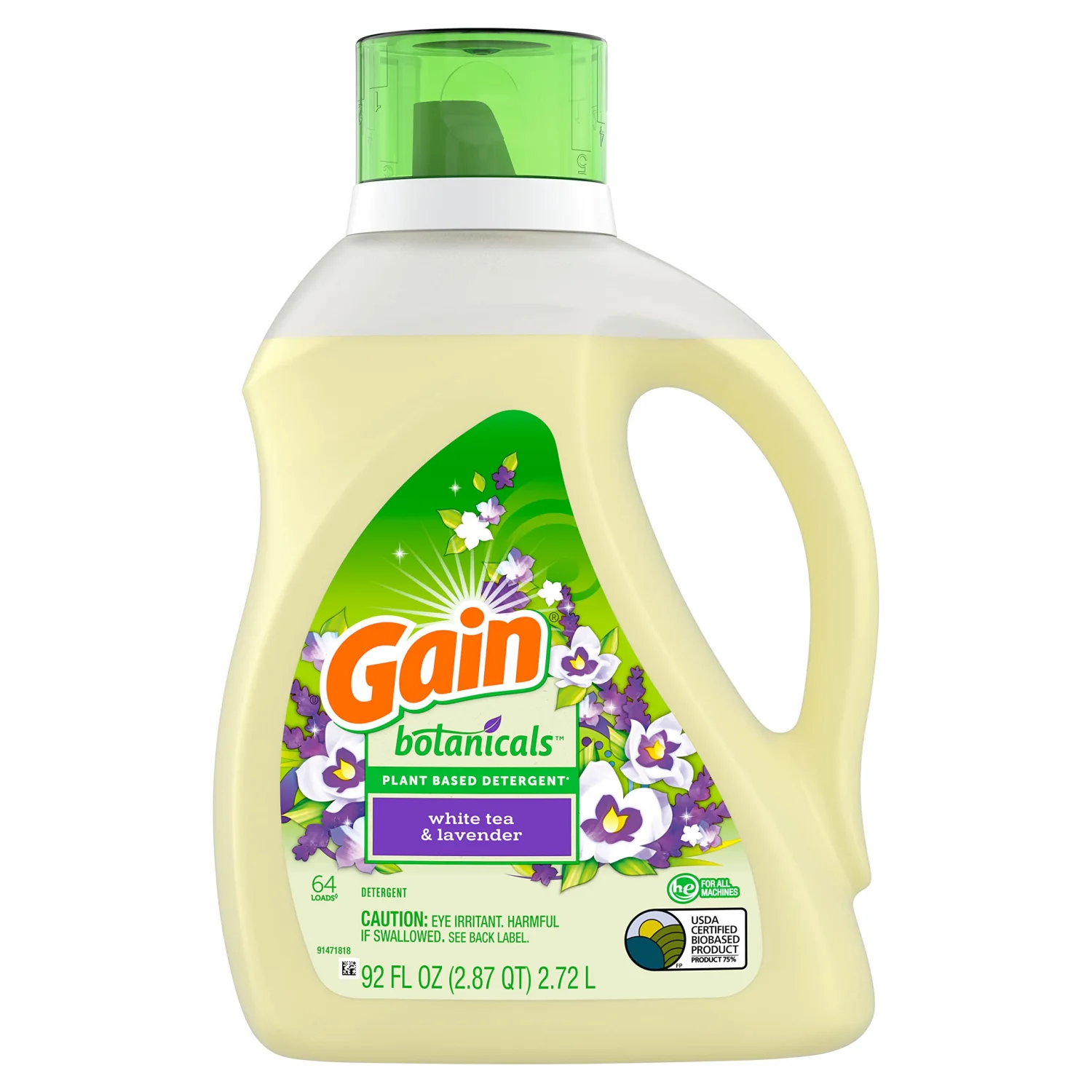 Gain Botanicals Plant Based Laundry Detergent, White Tea & Lavender, 64 Loads 92 fl oz, HE Compatible