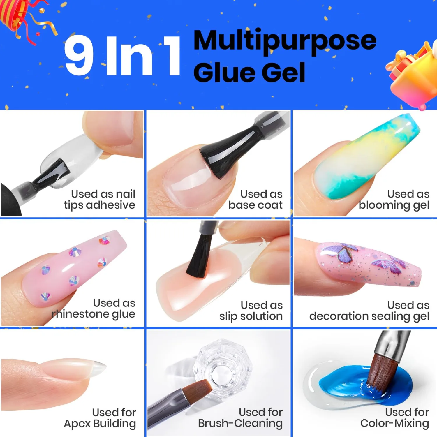 Beetles Gel Polish 9 in 1 Nail Glue with New Formula, 0.5 Fl Oz Super Strong Brush in Nail Gel Glue for False Nails Tips, Rhinestone, Base Gel, Blooming Nail Gel